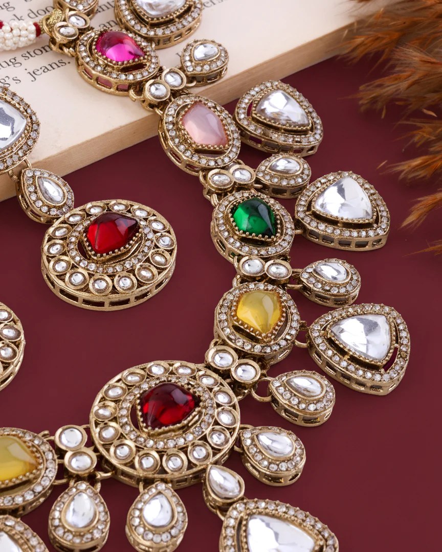 Multi Kavita Premium Polki Dupe Necklace with Earring and Teeka - Image 6