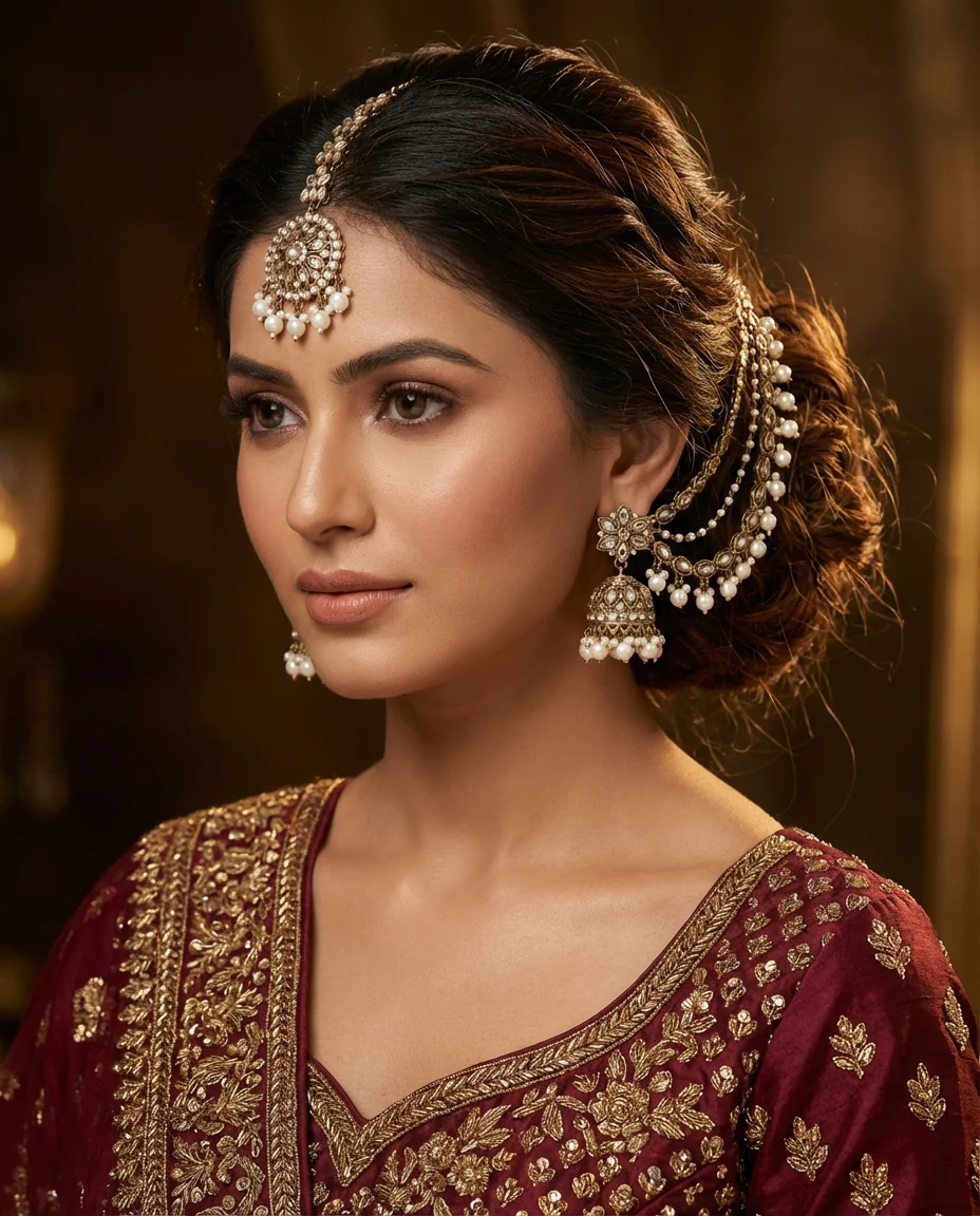 Mahvesh Bahubali Earring with Kaan Chain & Teeka - Image 4