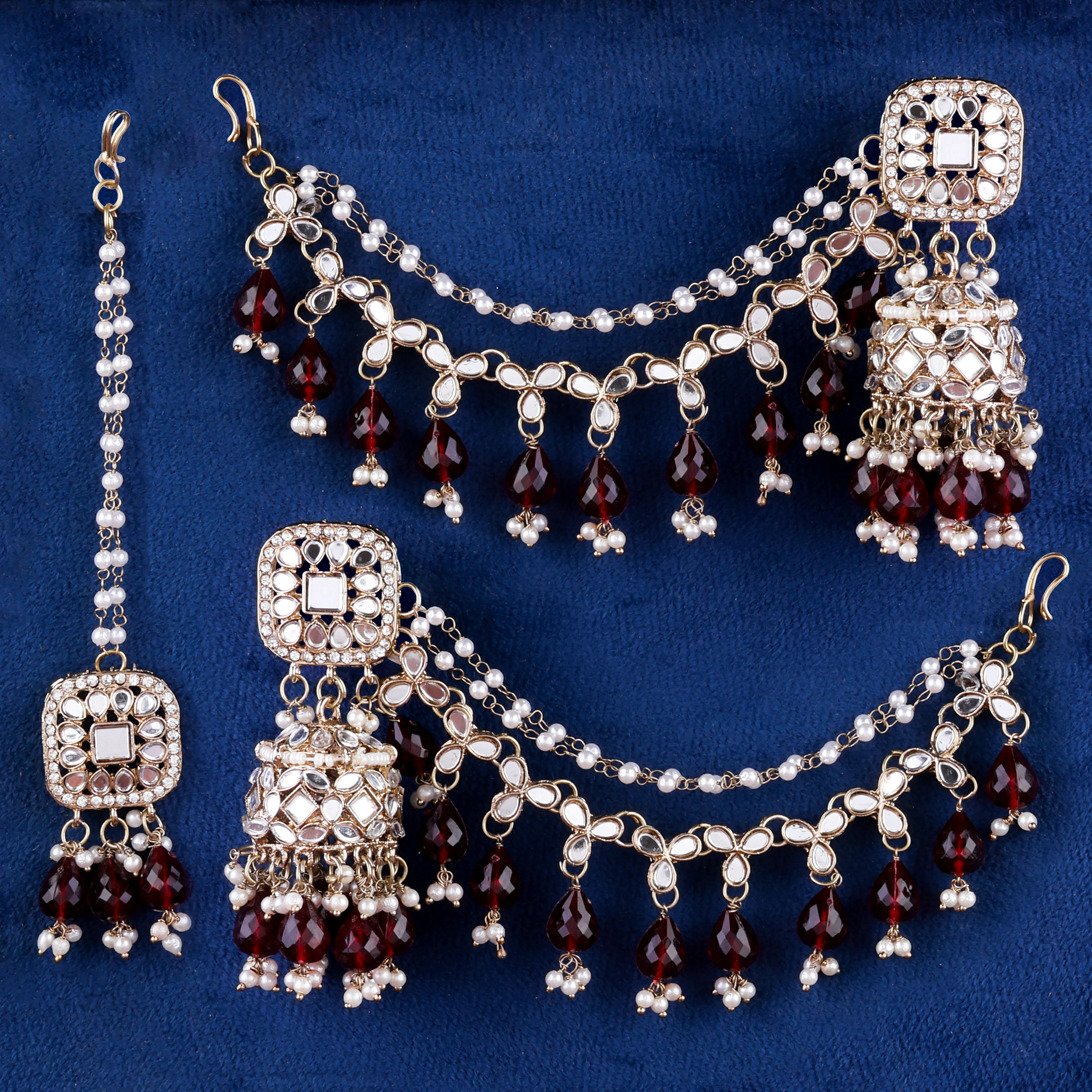Maroon Aayat Bahubali Jhumka with Statement Kaan Chain and Teeka - Image 5