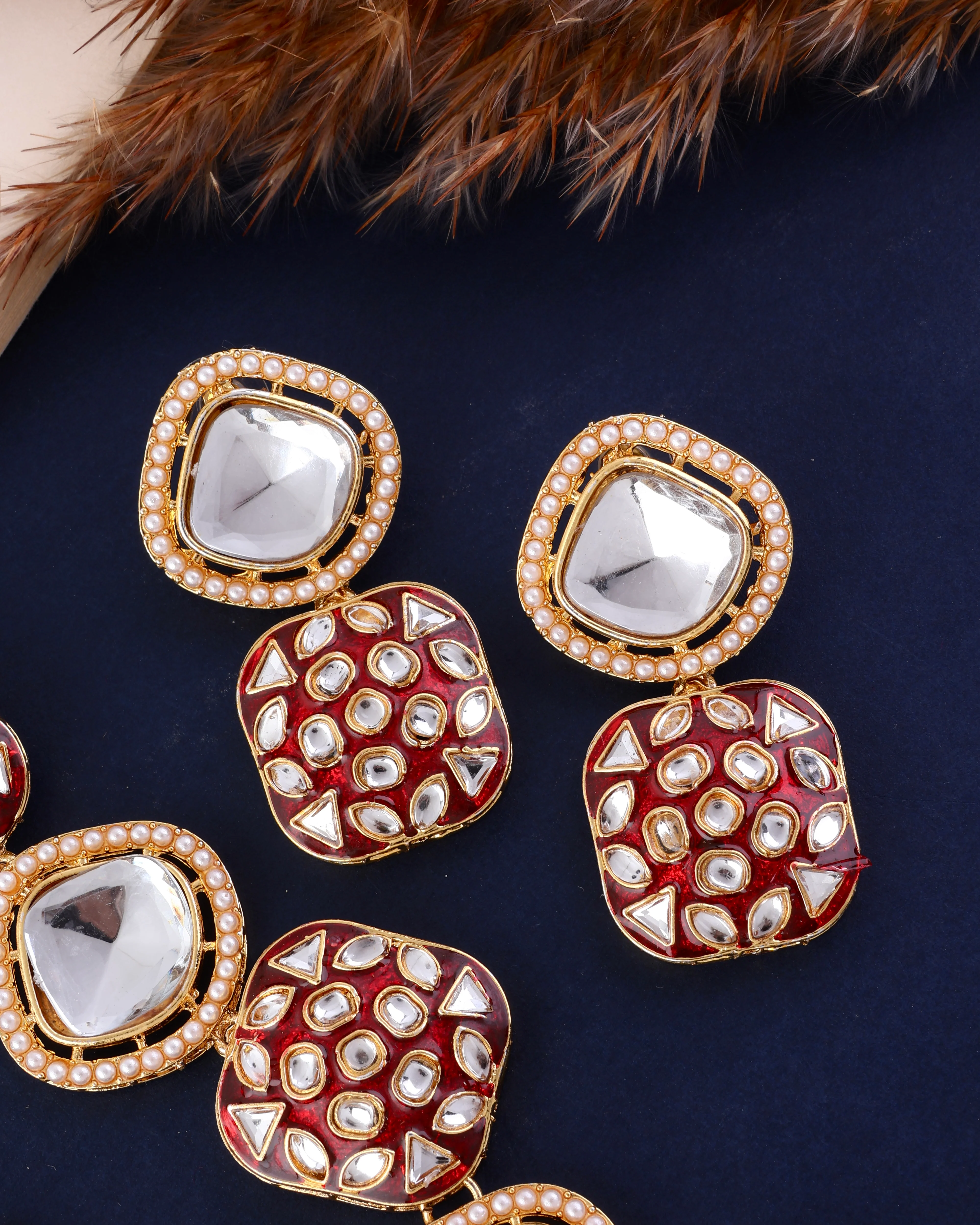 Maroon Harleen Meenakari Long Necklace Set with Teeka and Earring - Image 7