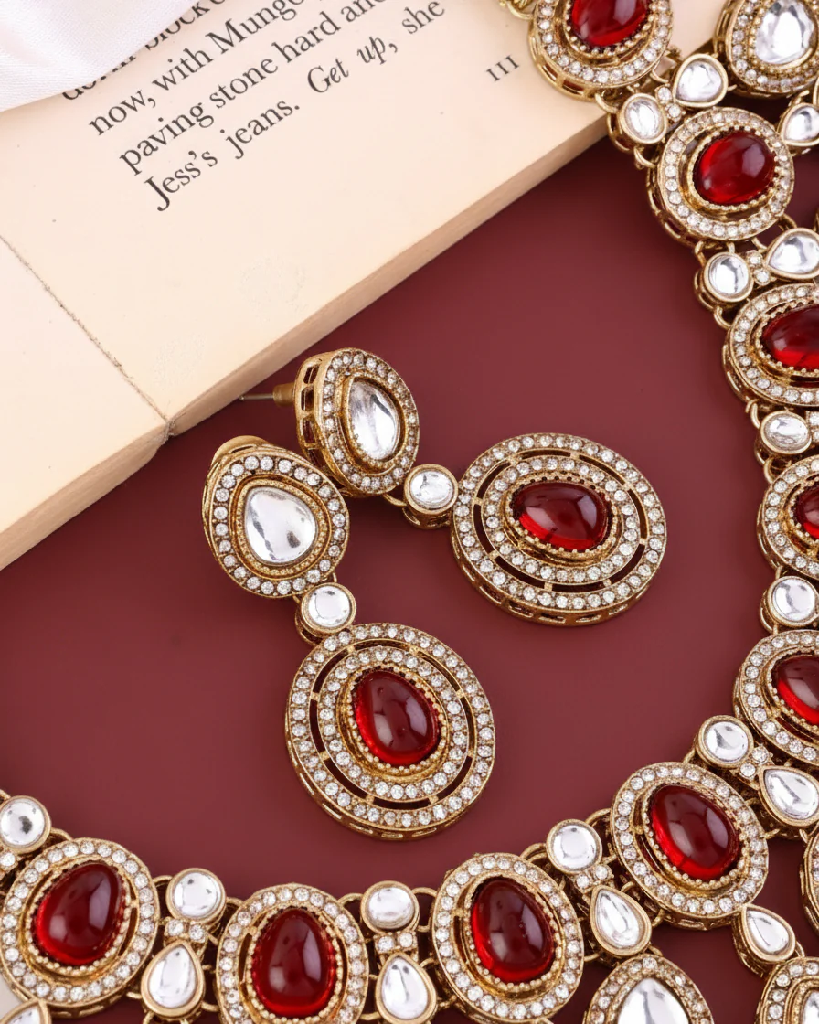 Maroon Sehaj Premium Polki Dupe Necklace with Earring and Teeka - Image 13