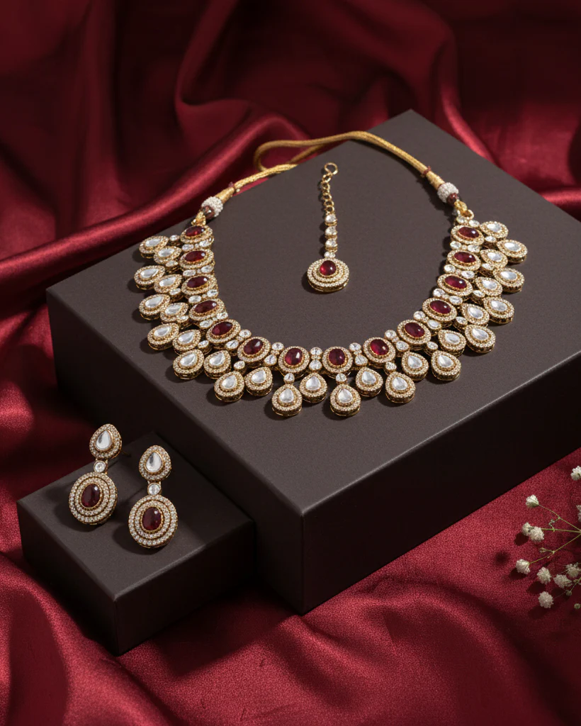 Maroon Sehaj Premium Polki Dupe Necklace with Earring and Teeka - Image 16