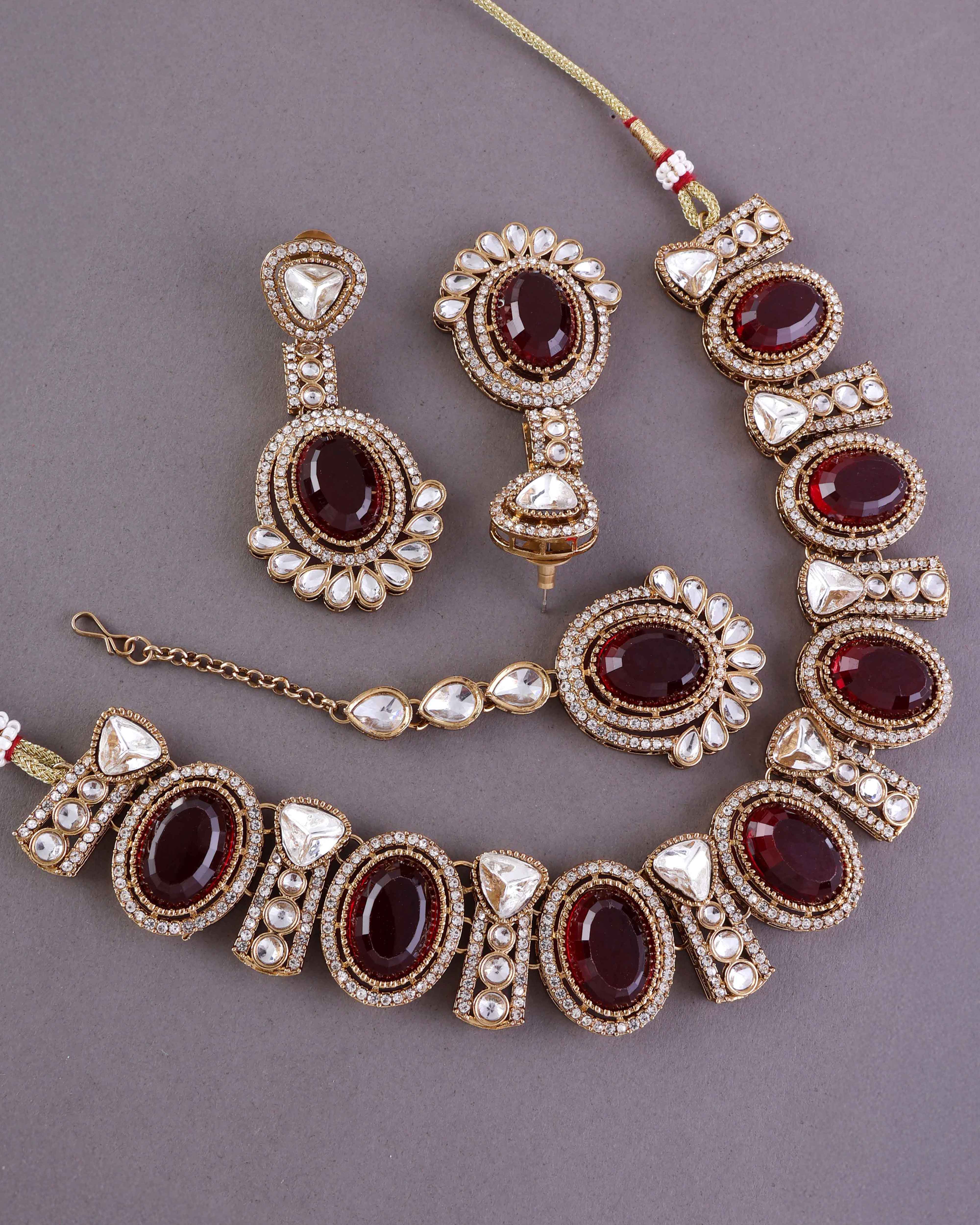 Maroon Taruja Premium Polki Dupe Necklace with Earring and Mangteeka - Image 8
