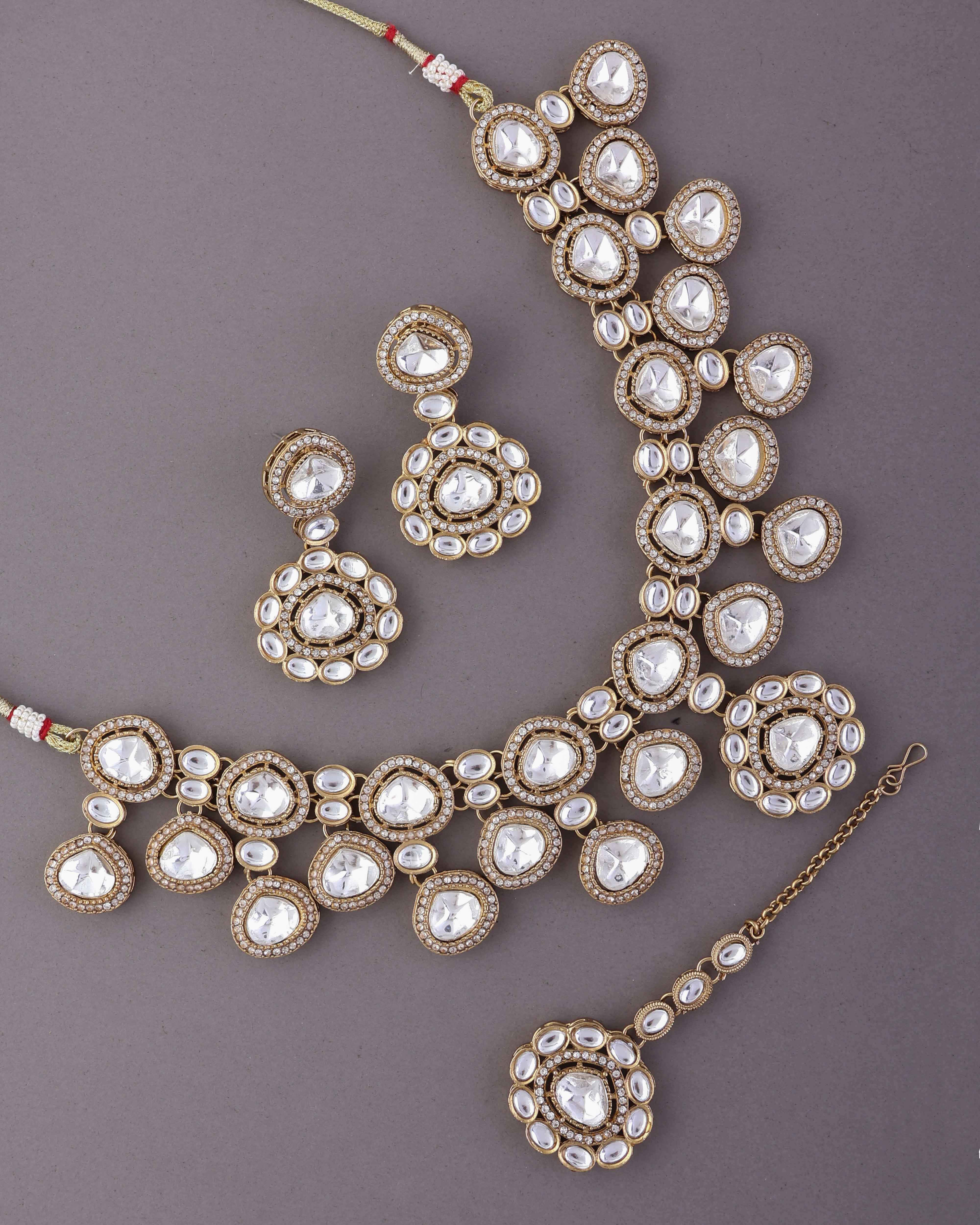 Meghana Premium Polki Dupe Necklace with Earring and Teeka - Image 10