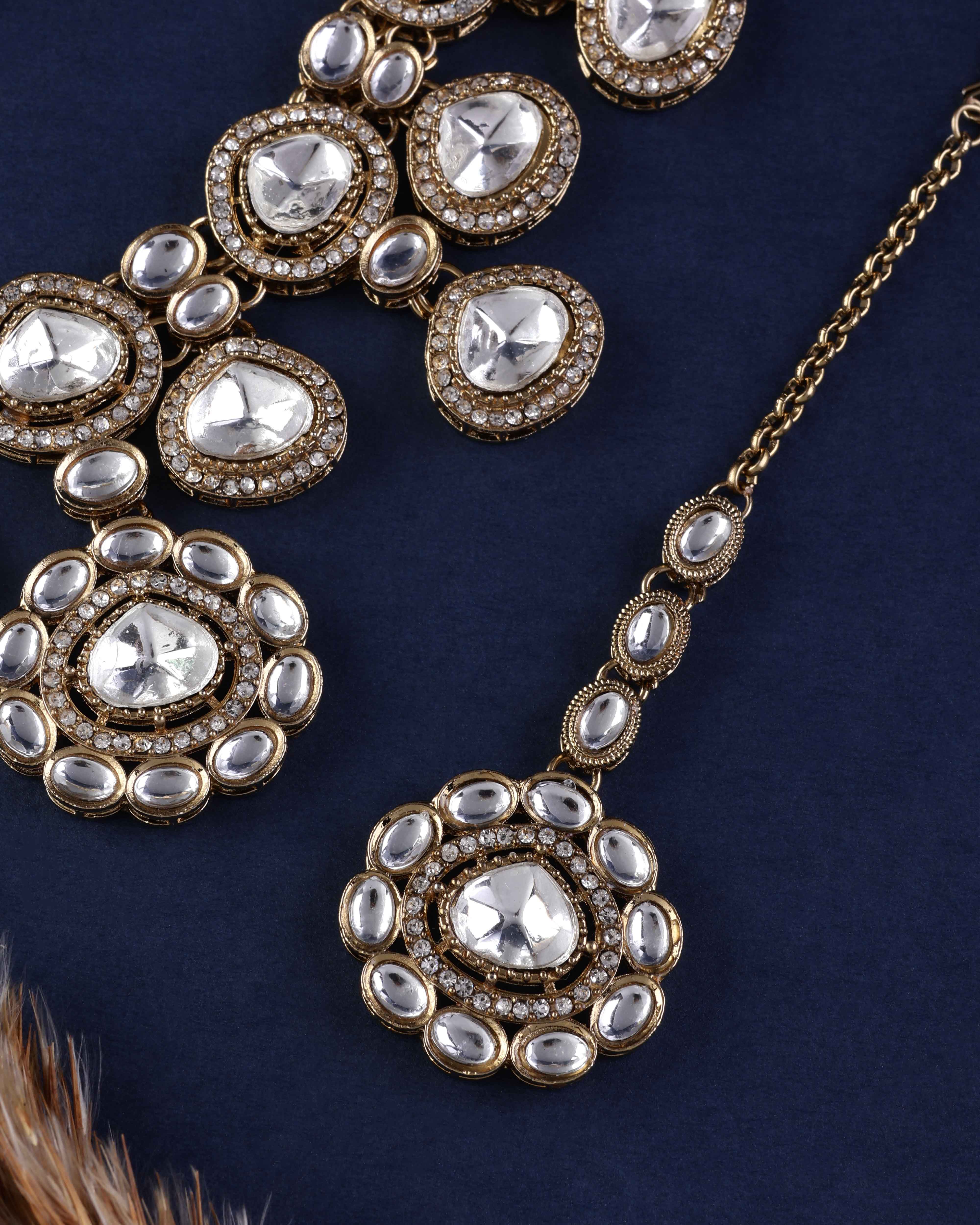 Meghana Premium Polki Dupe Necklace with Earring and Teeka - Image 7