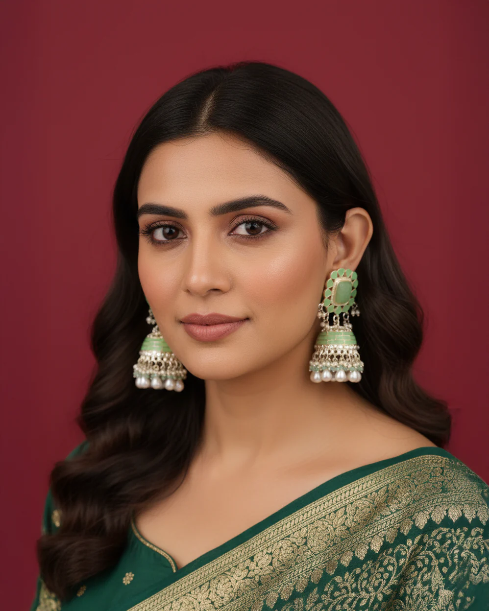 Mint Green Trinaya Meenakari Jhumka - Image 2