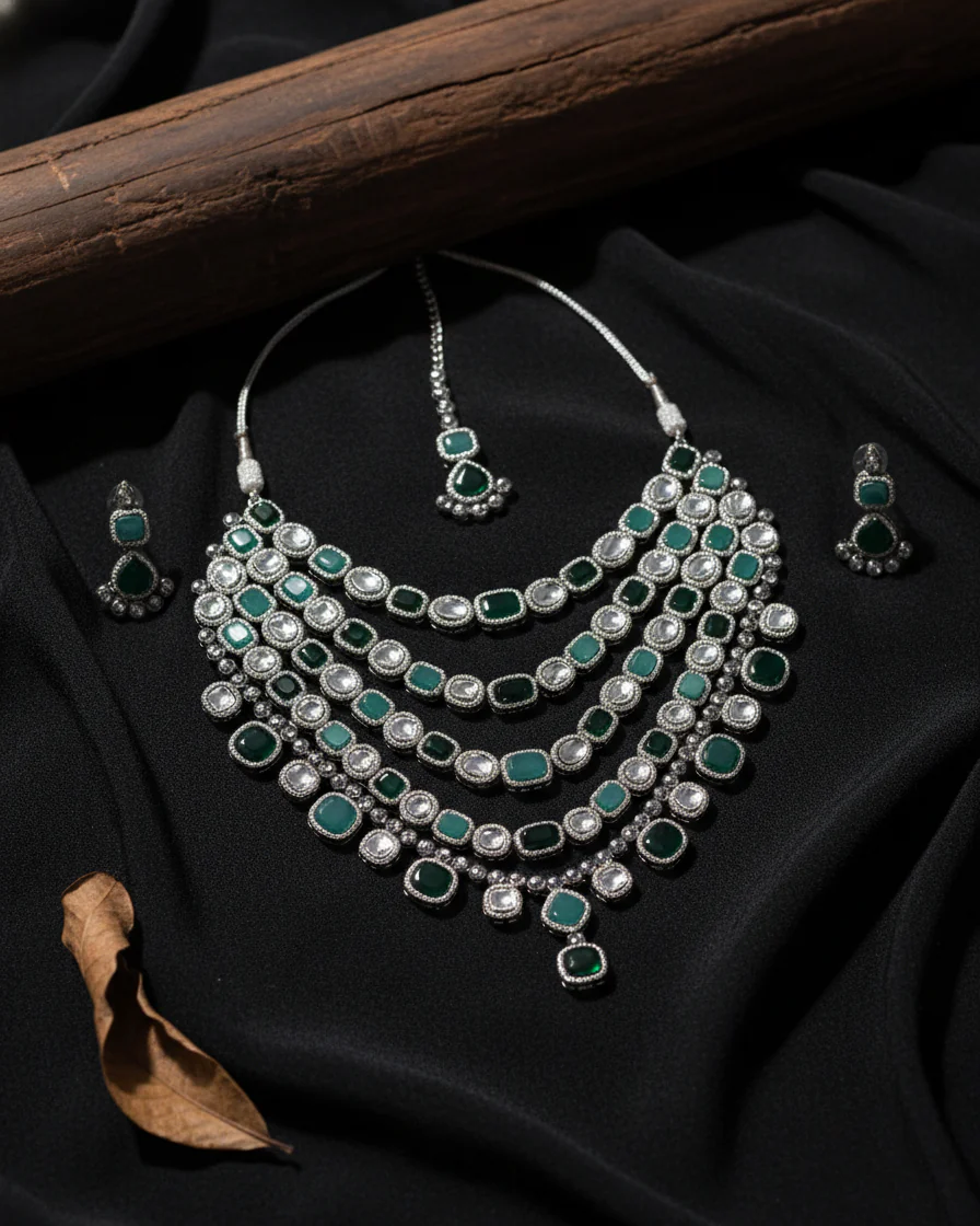 Mix Green Parineeti Wedding Necklace Set - Black - Image 4