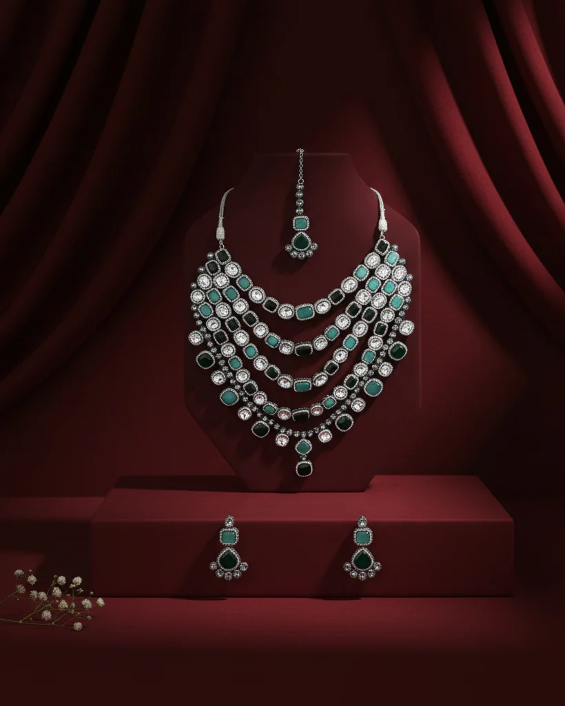 Mix Green Parineeti Wedding Necklace Set - Black - Image 5