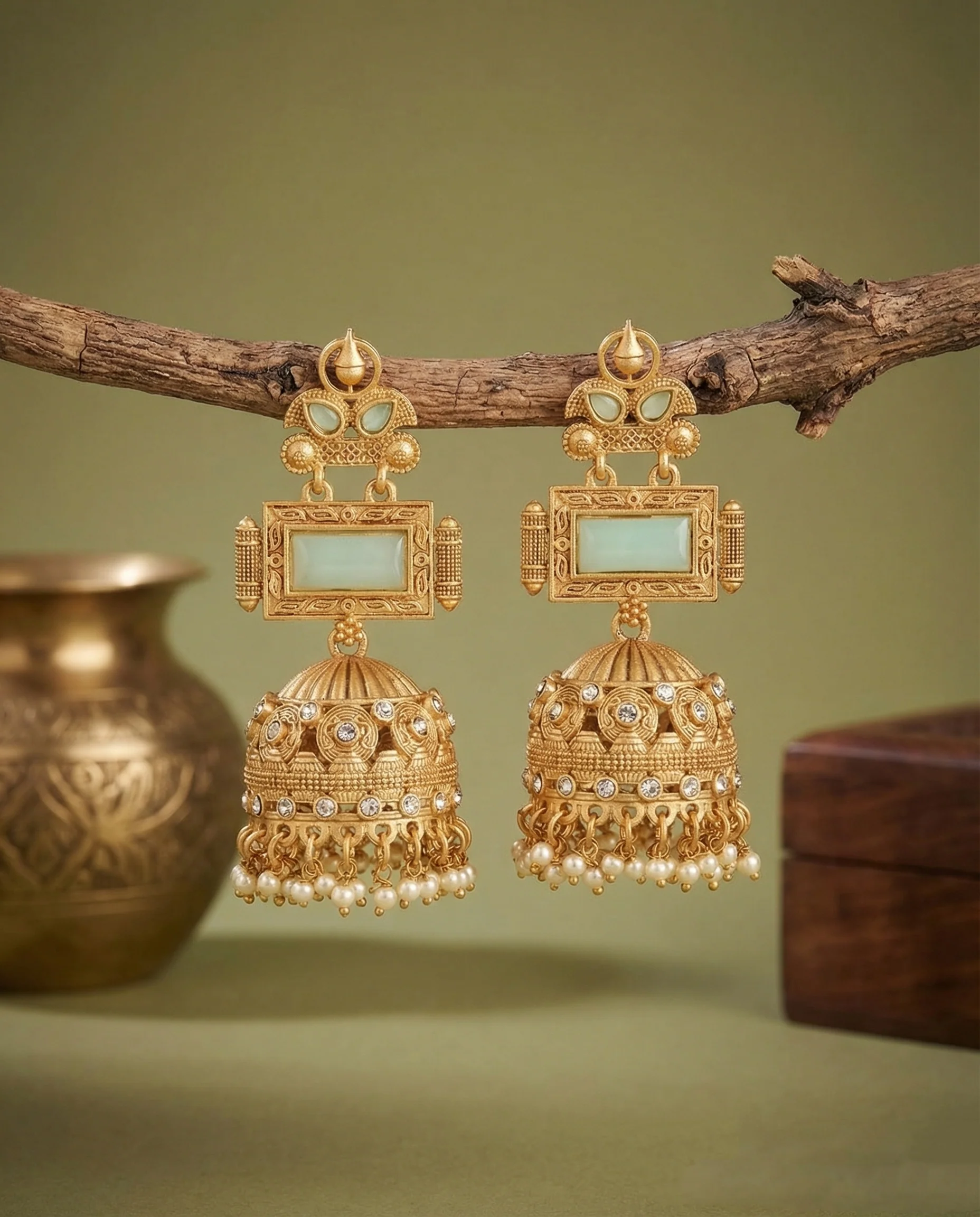Mint Green Mrighosh Premium Kashmiri Brass Lookalike Jhumka Earring - Image 2