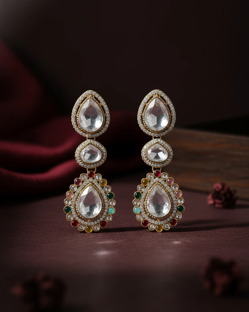 Multi Silver Amani Premium Designer Zircone Polki Dupe Earring - Image 3