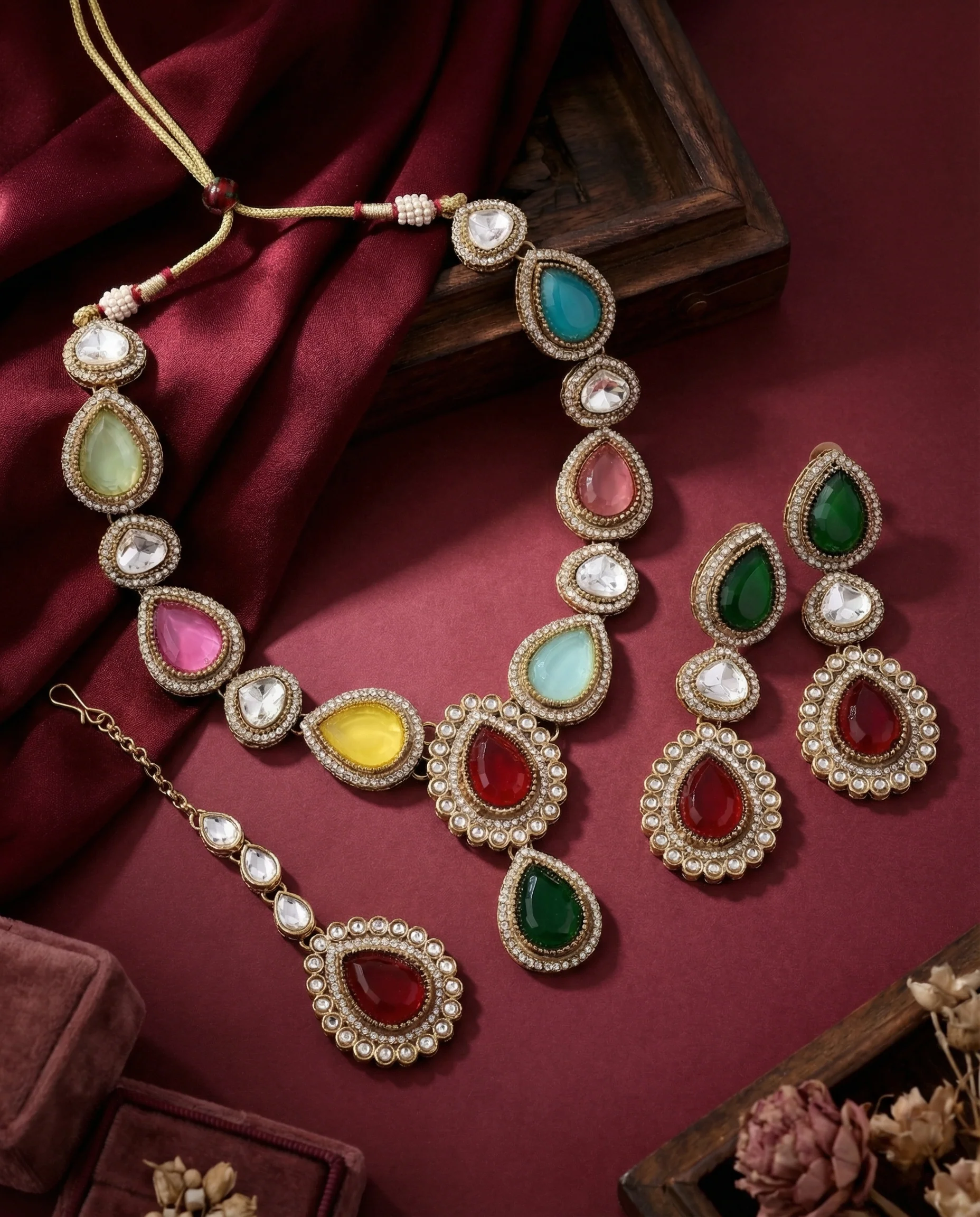 Multi Amani Premium Designer Zircone Polki Dupe Necklace With Earring & Teeka - Image 3