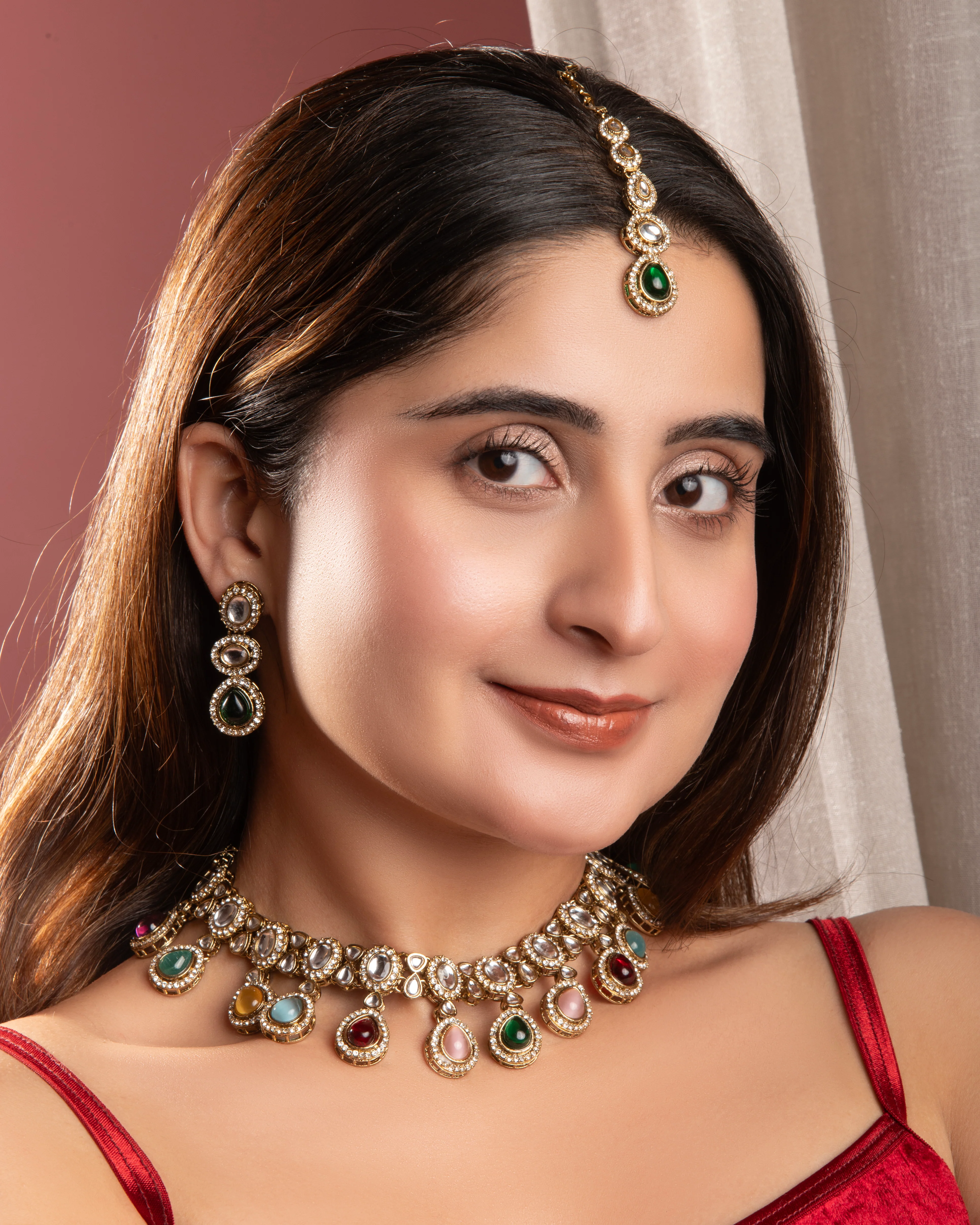 Multi Nivaya Premium Polki Dupe Necklace with Earring and Teeka - Image 5