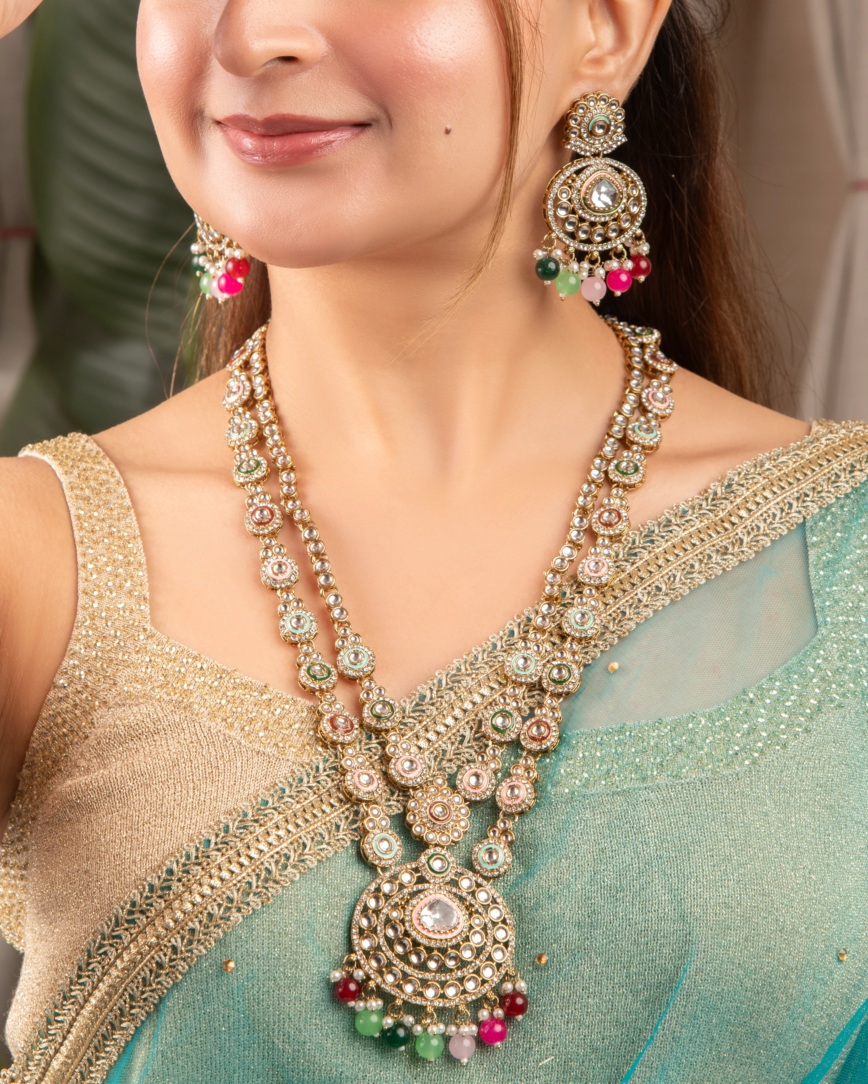 Multi Safiya Premium Long Meenakari detailed Necklace with Earring and Teeka - Image 3