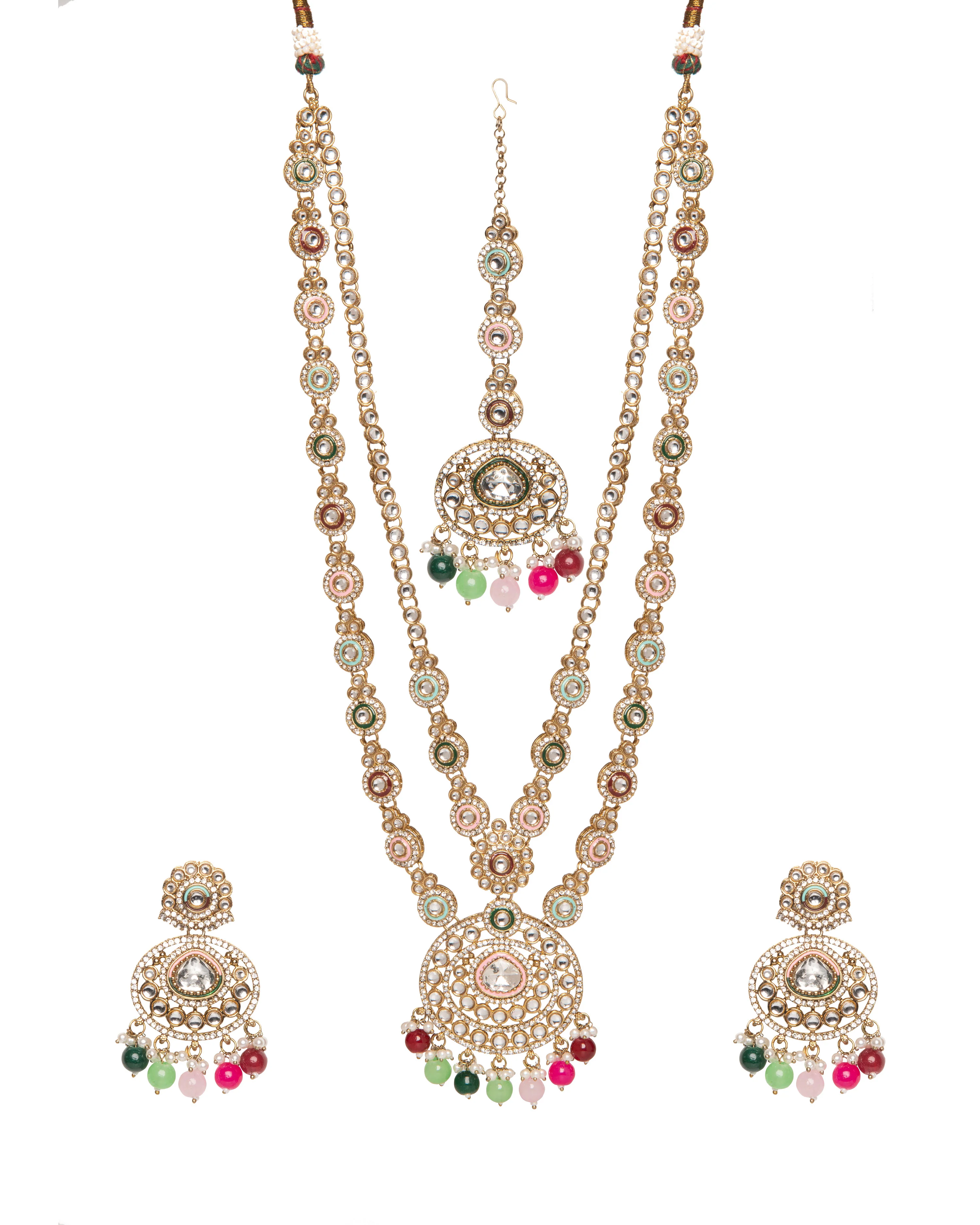 Multi Safiya Premium Long Meenakari detailed Necklace with Earring and Teeka - Image 4