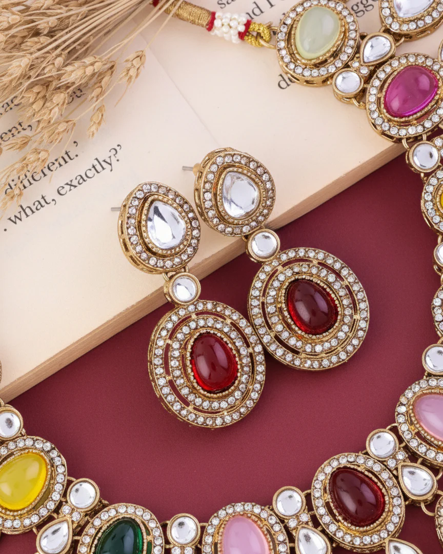 Multi Sehaj Premium Polki Dupe Necklace with Earring and Teeka - Image 2