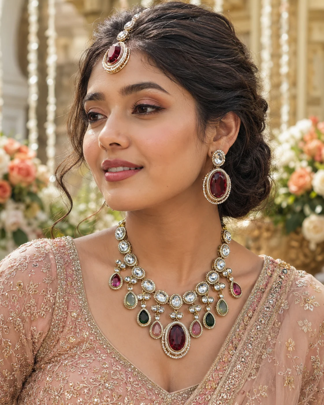 Nirvi Premium Polki Dupe Necklace with Earring and Mangteeka - Image 2
