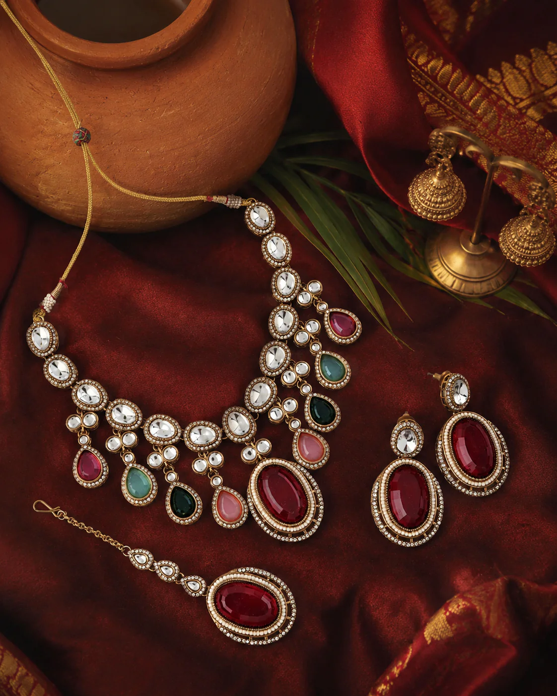 Nirvi Premium Polki Dupe Necklace with Earring and Mangteeka - Image 6