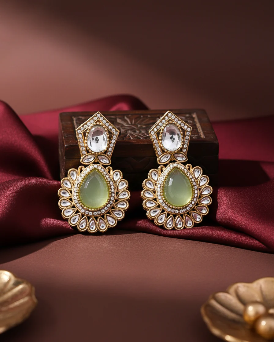 Olive Dikshika Premium Designer Zircone Polki Dupe Earring