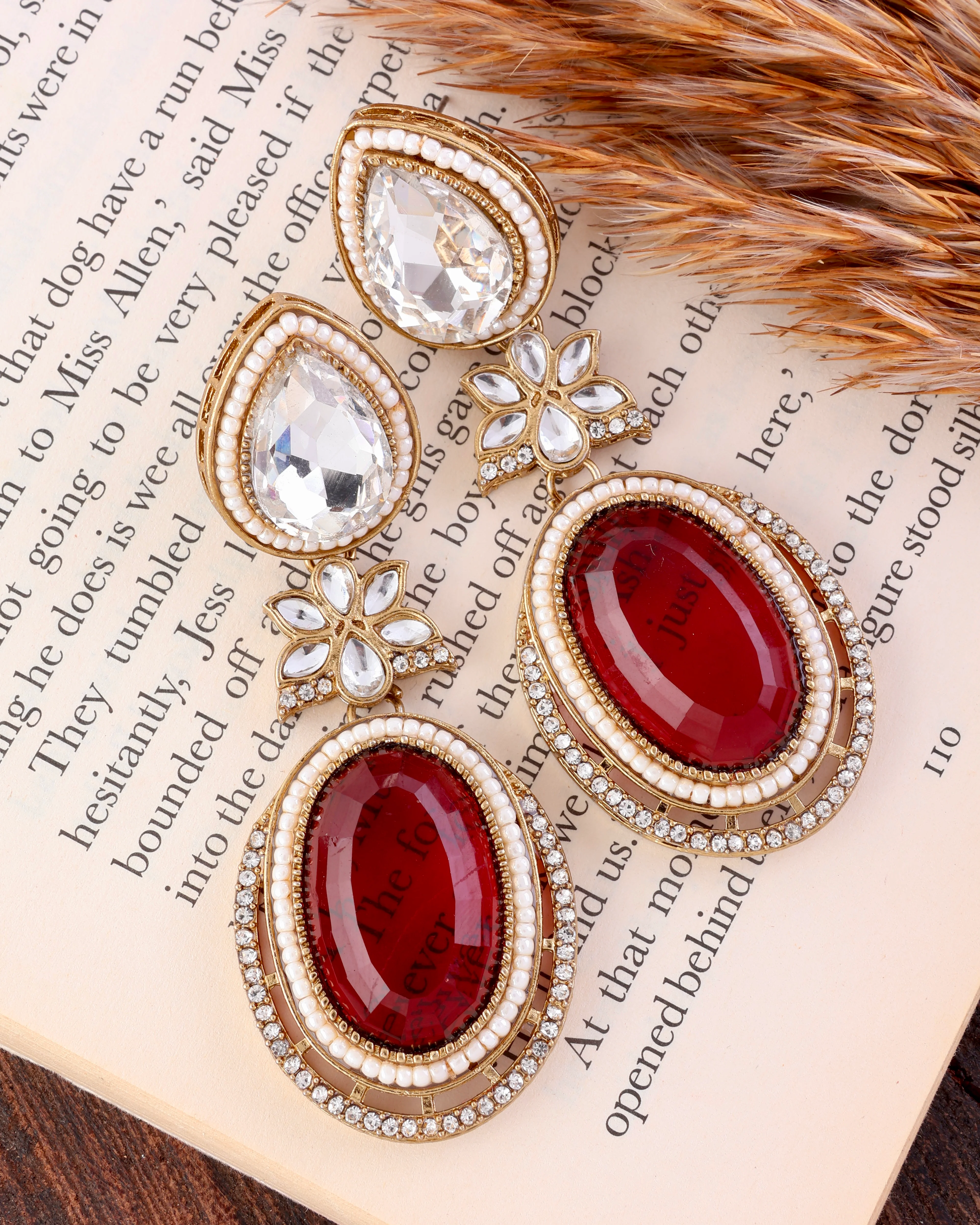 Maroon Dhvit Premium Designer Zircone Polki Dupe Earring - Image 2