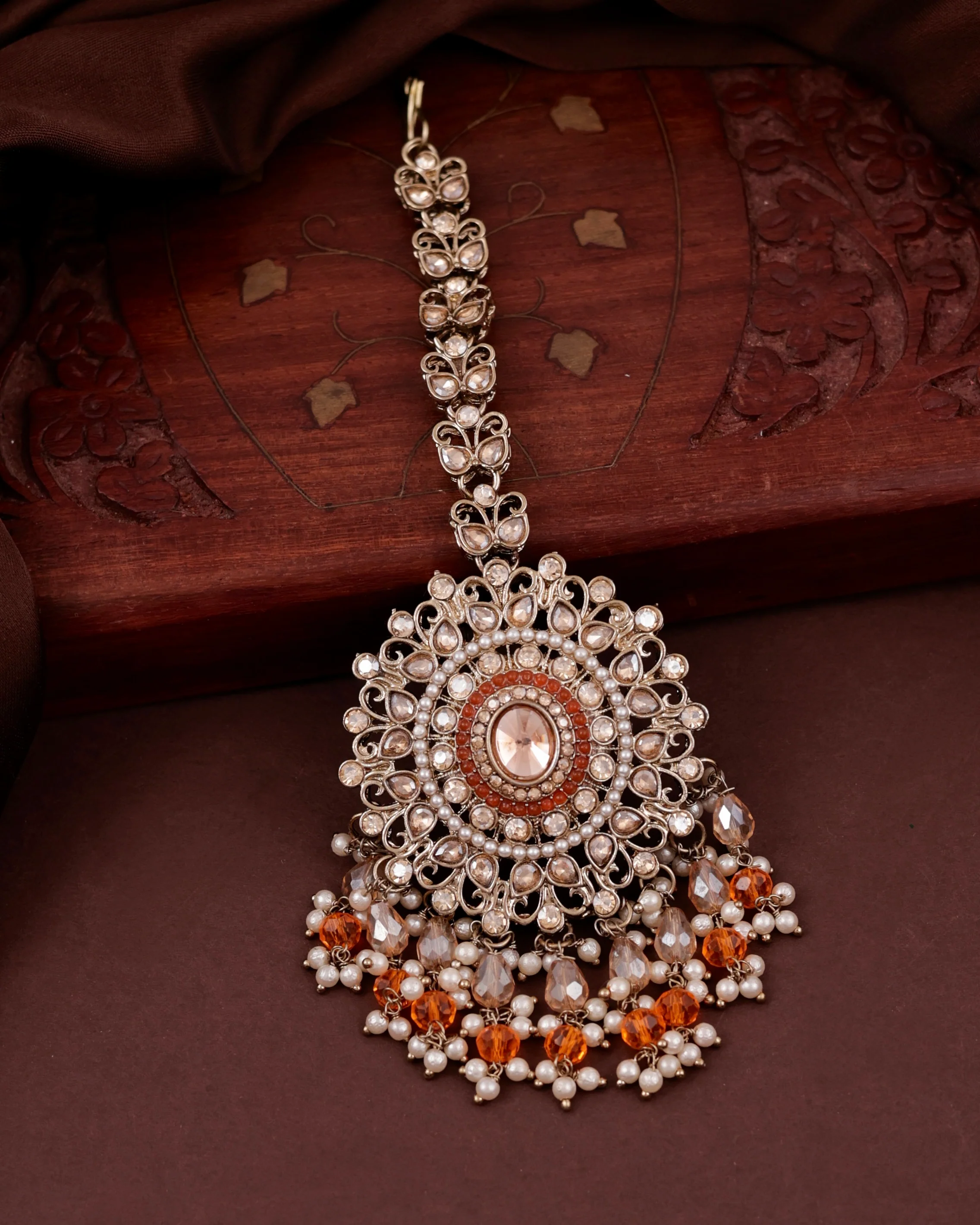 Orange Tavisha Punjabi Pakistani Teeka Chandbali Set - Image 2
