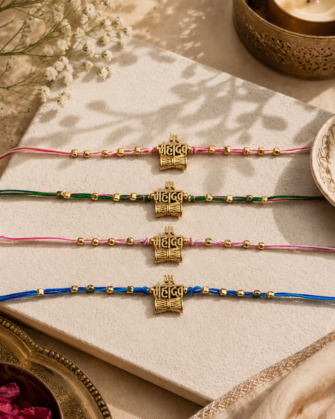 Pack of 4 Mahdevika Rakhi Set | Tilak Set Included