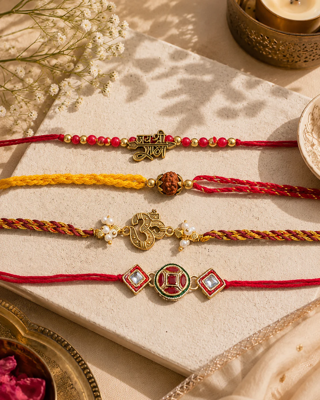Pack of 4 Omdev Rudresh Arin JSR Rakhi Set | Tilak Set Included - Image 2