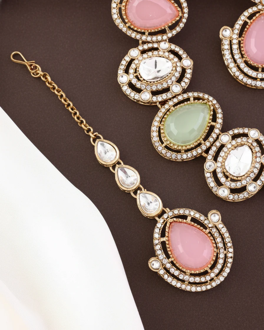 Pastel Hania Premium Polki Dupe Necklace with Earring and Mangteeka - Image 3