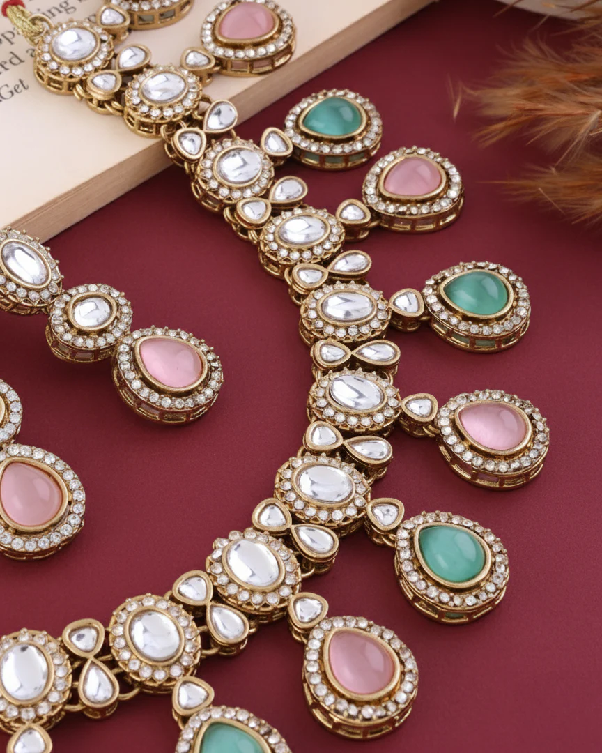 Pastel Nivaya Premium Polki Dupe Necklace with Earring and Teeka - Image 3