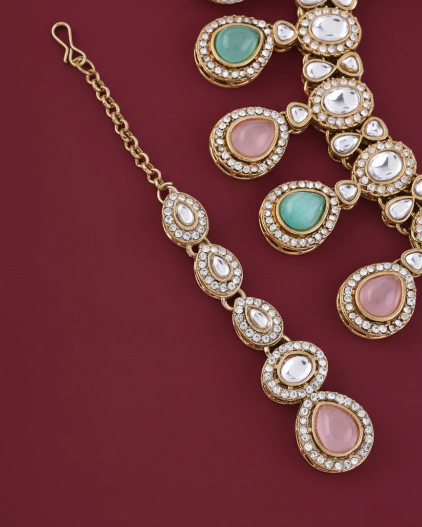 Pastel Nivaya Premium Polki Dupe Necklace with Earring and Teeka - Image 4