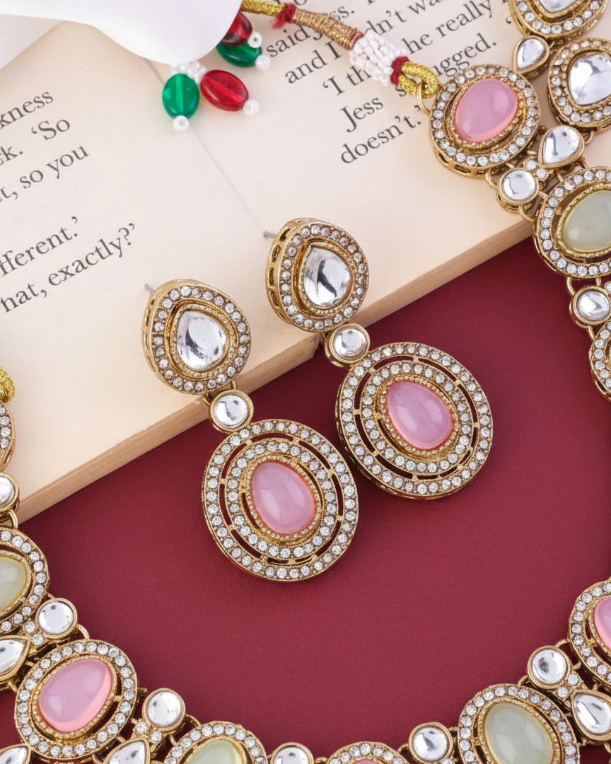 Pastel Sehaj Premium Polki Dupe Necklace with Earring and Teeka - Image 2