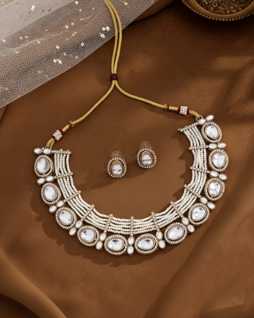 Pearl Darvesh Zircone Polki Dupe Pearl Necklace with Earring - Image 2
