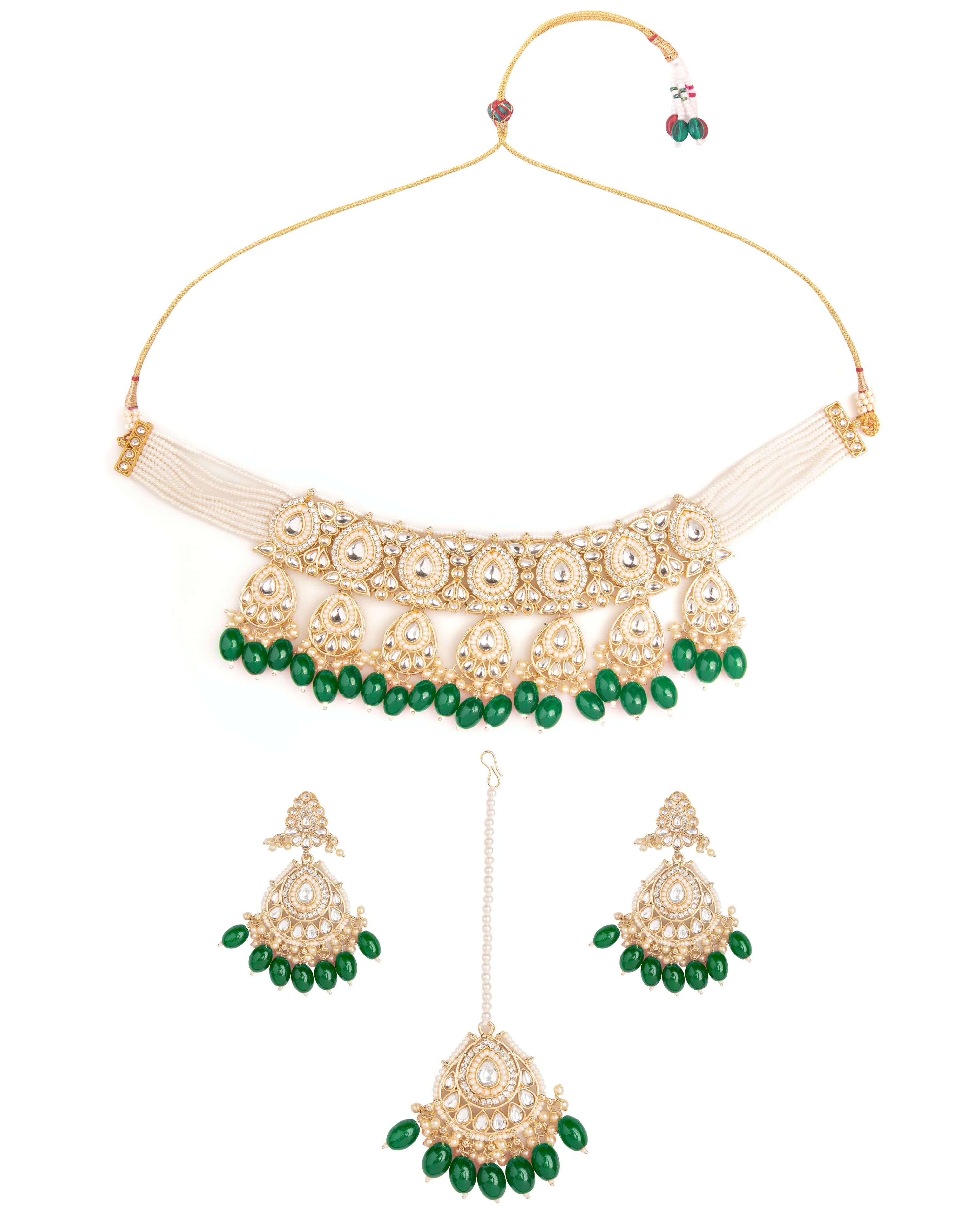 Green Devika Kundan Necklace Set with Chandbali Earring and Mangteeka - Image 3