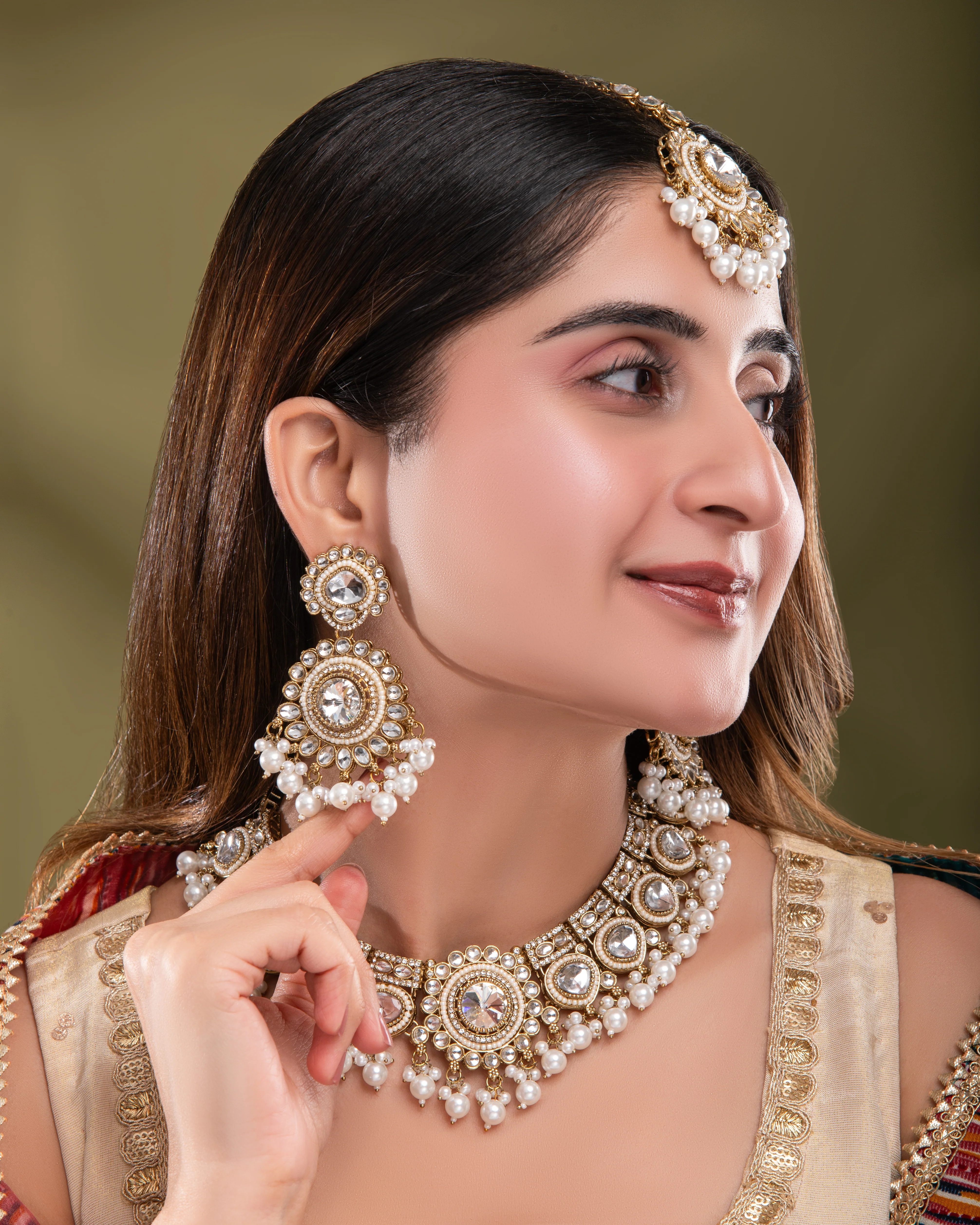 Pearl Laviza Premium Polki Dupe Necklace Earring with Teeka and Side Jhumar/Passa - Image 6