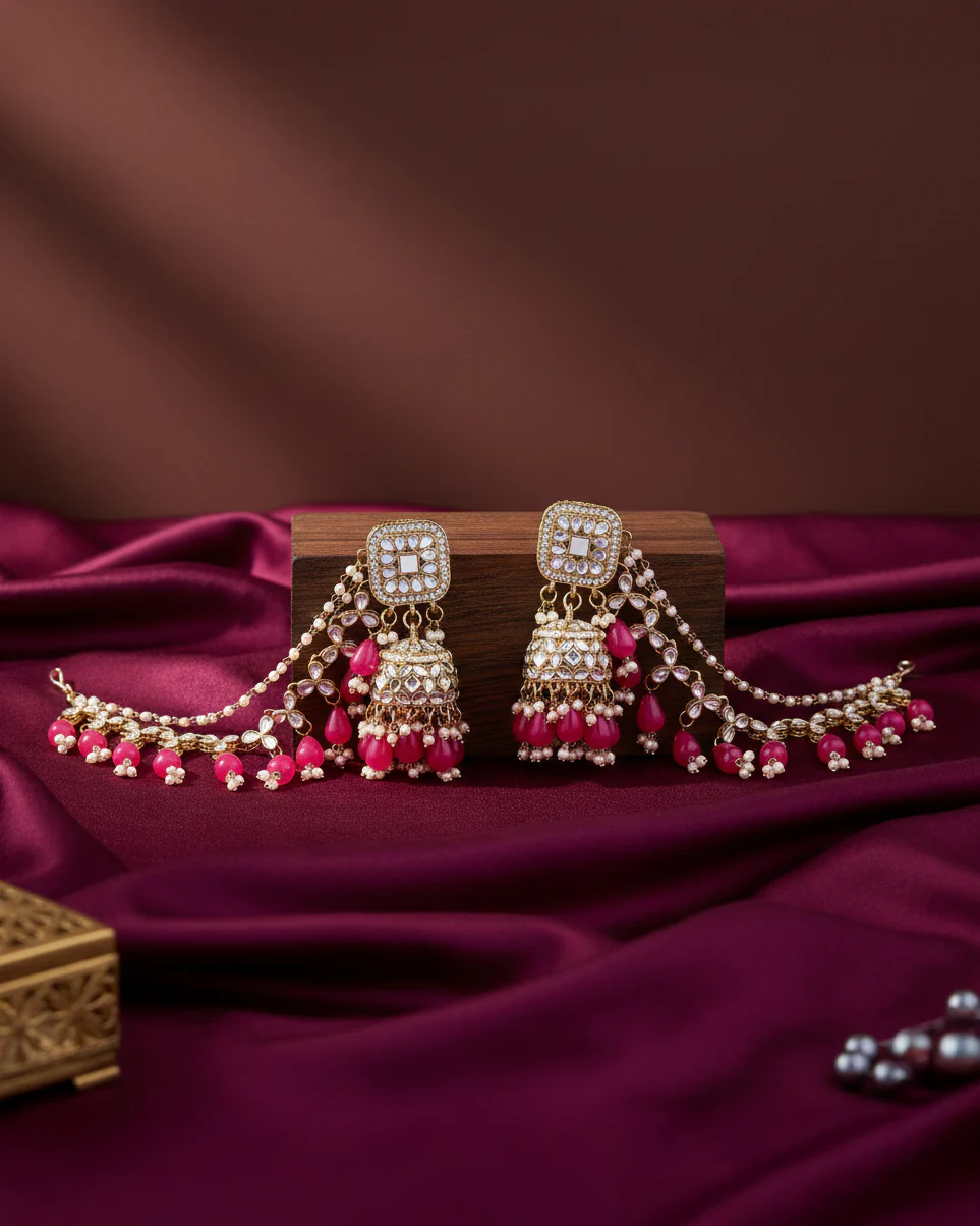Pink Aayat Mirror Bahubali Jhumka with Statement Kaan Chain and Teeka - Image 3