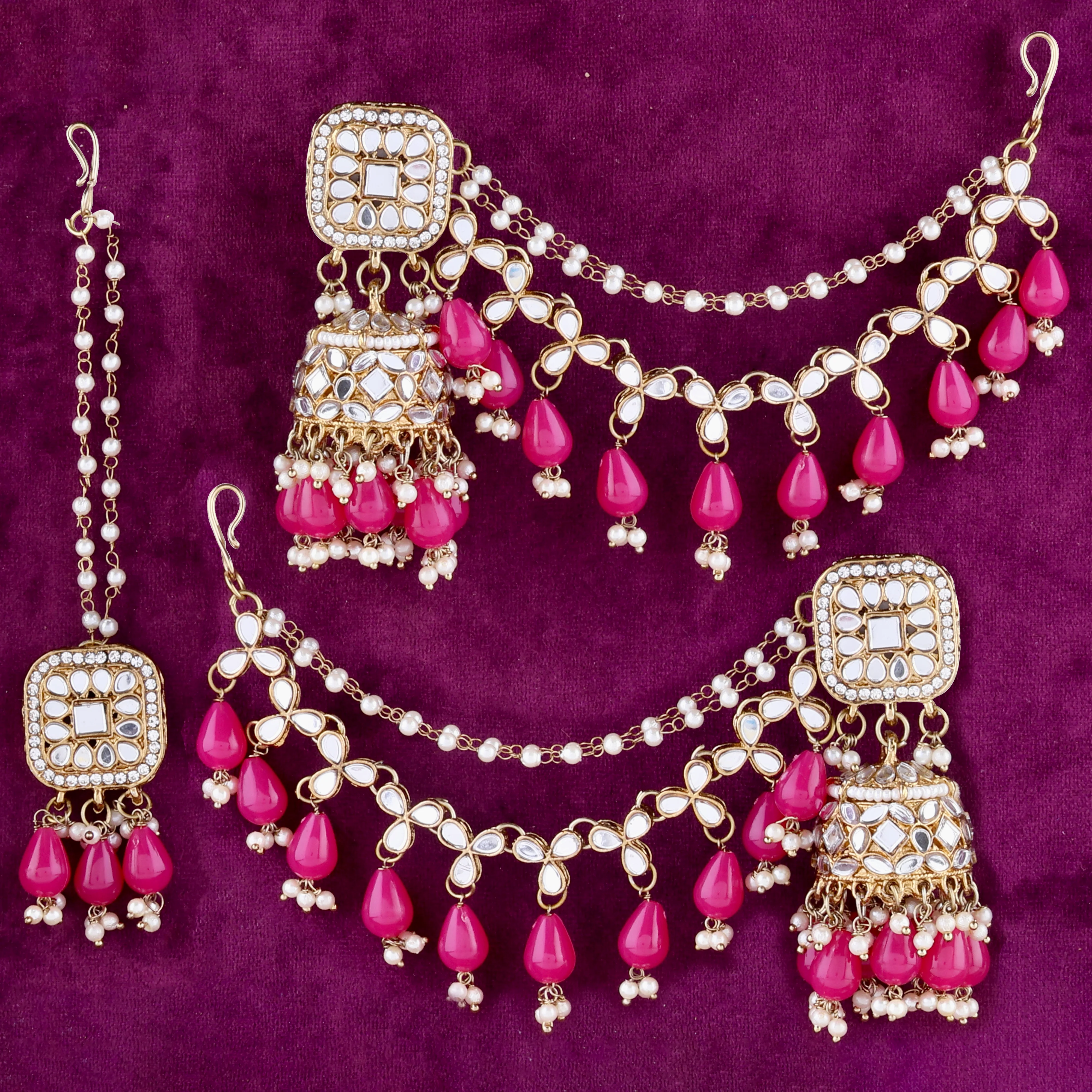 Pink Aayat Mirror Bahubali Jhumka with Statement Kaan Chain and Teeka - Image 4