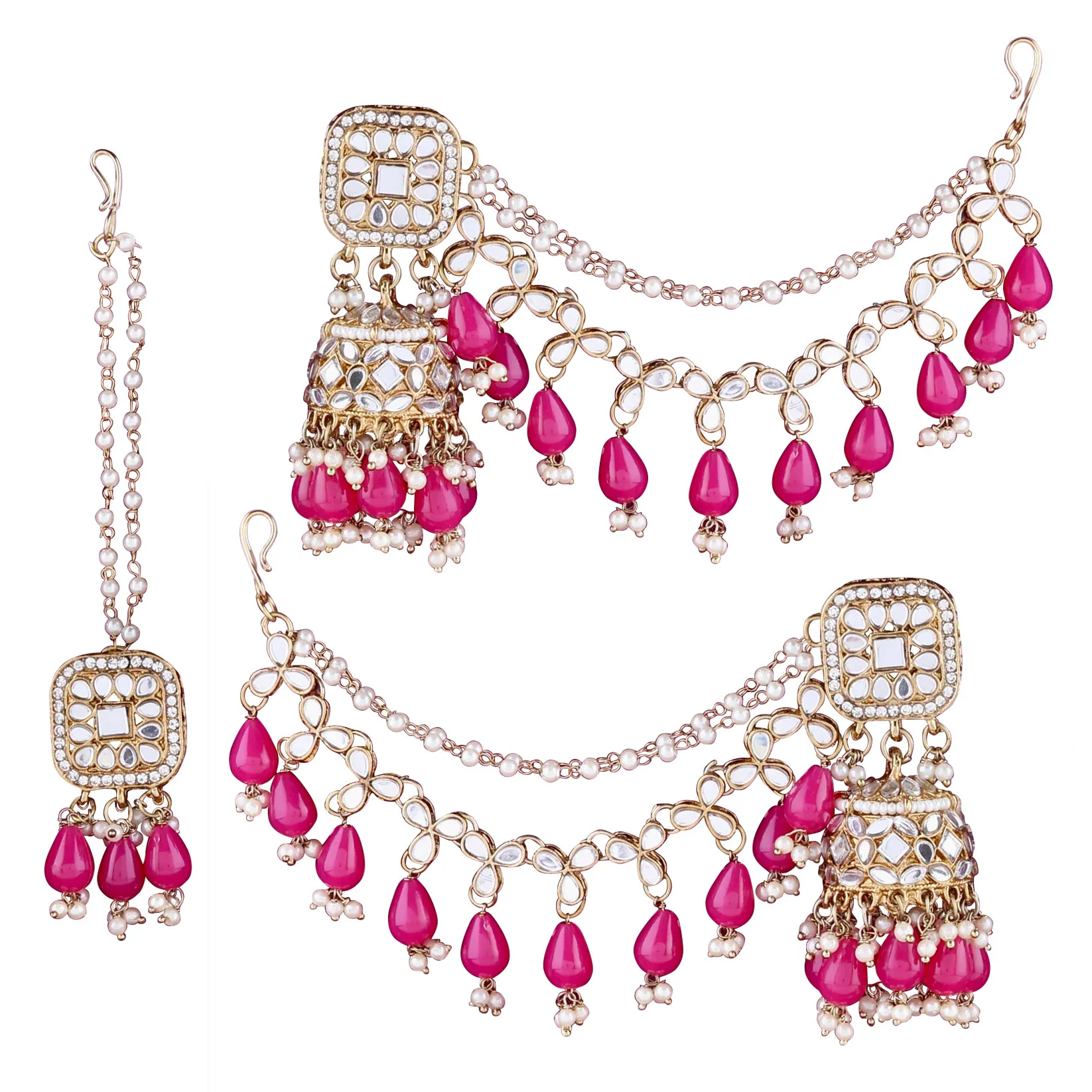 Pink Aayat Mirror Bahubali Jhumka with Statement Kaan Chain and Teeka - Image 5
