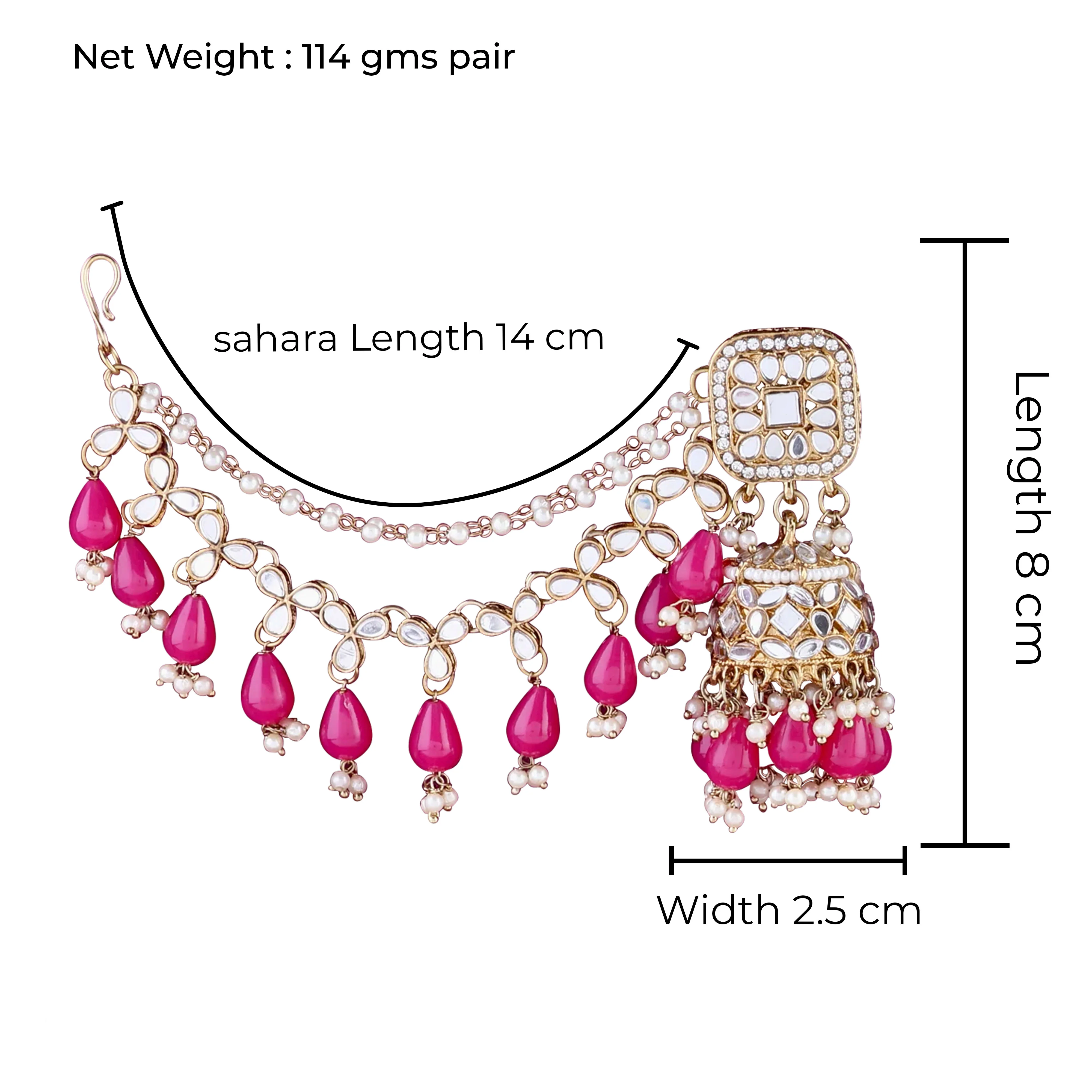 Pink Aayat Mirror Bahubali Jhumka with Statement Kaan Chain and Teeka - Image 6