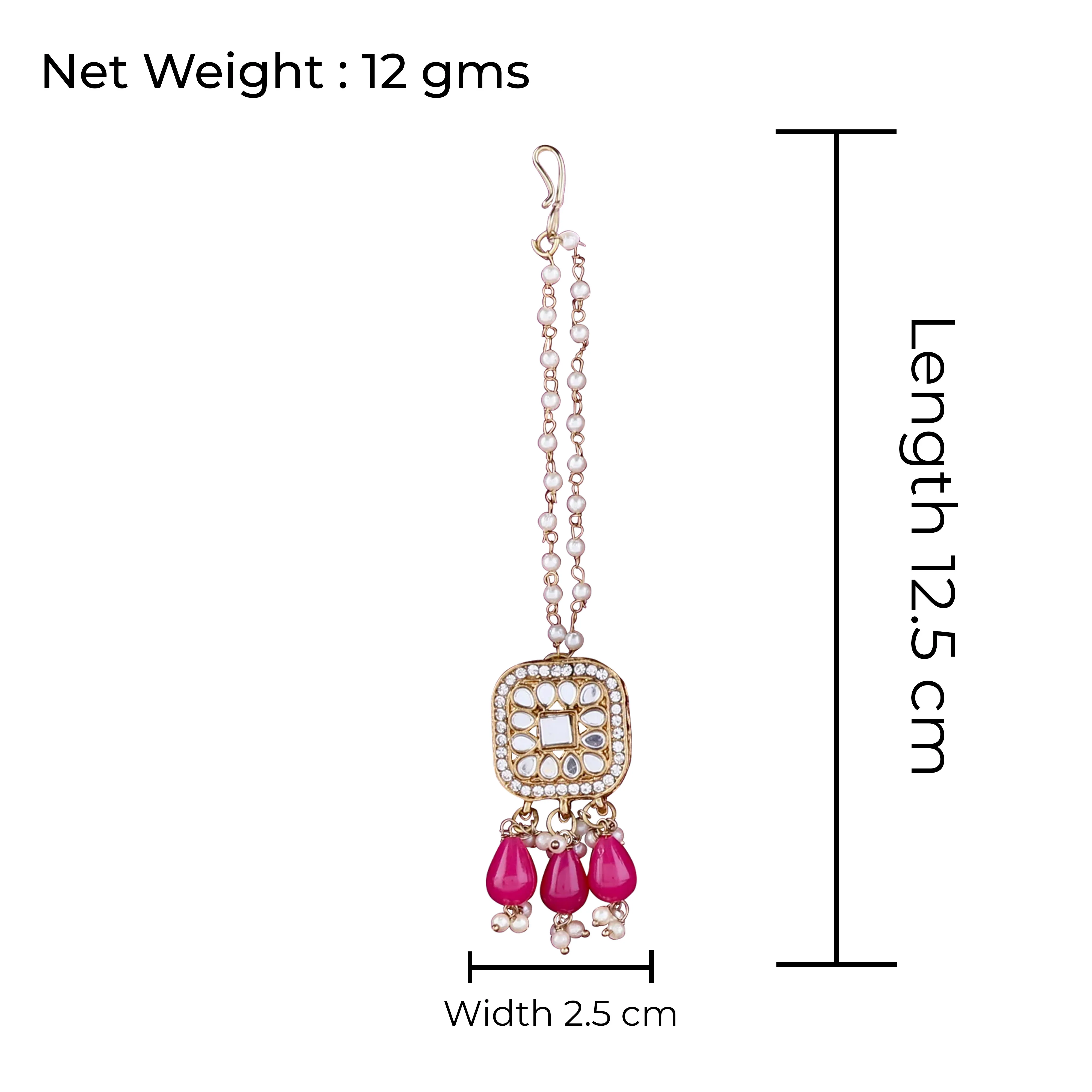 Pink Aayat Mirror Bahubali Jhumka with Statement Kaan Chain and Teeka - Image 7