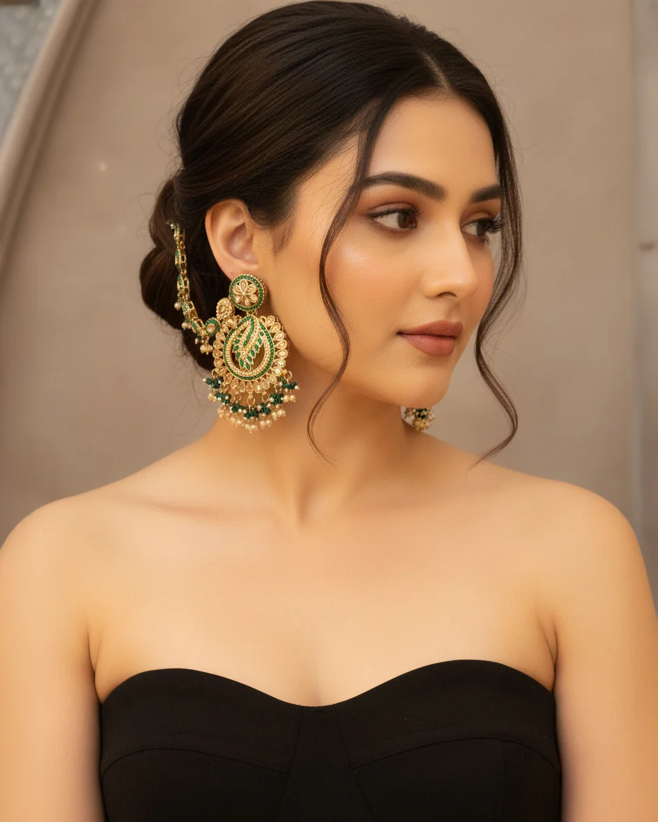 Green Arajashree Bahubali Chandbali with Sahara - Image 4