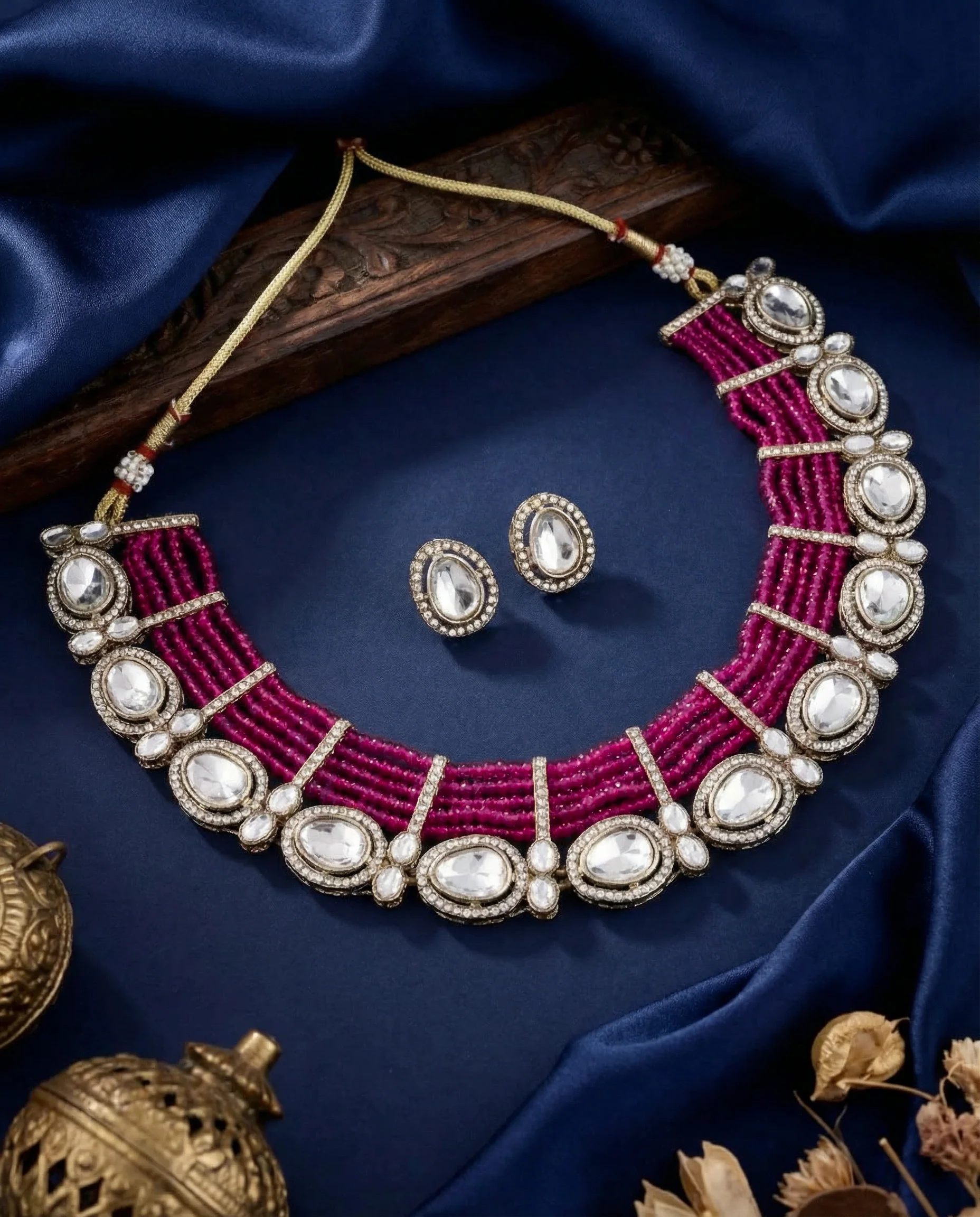Pink Darvesh Zircone Polki Dupe Pearl Necklace with Earring - Image 2