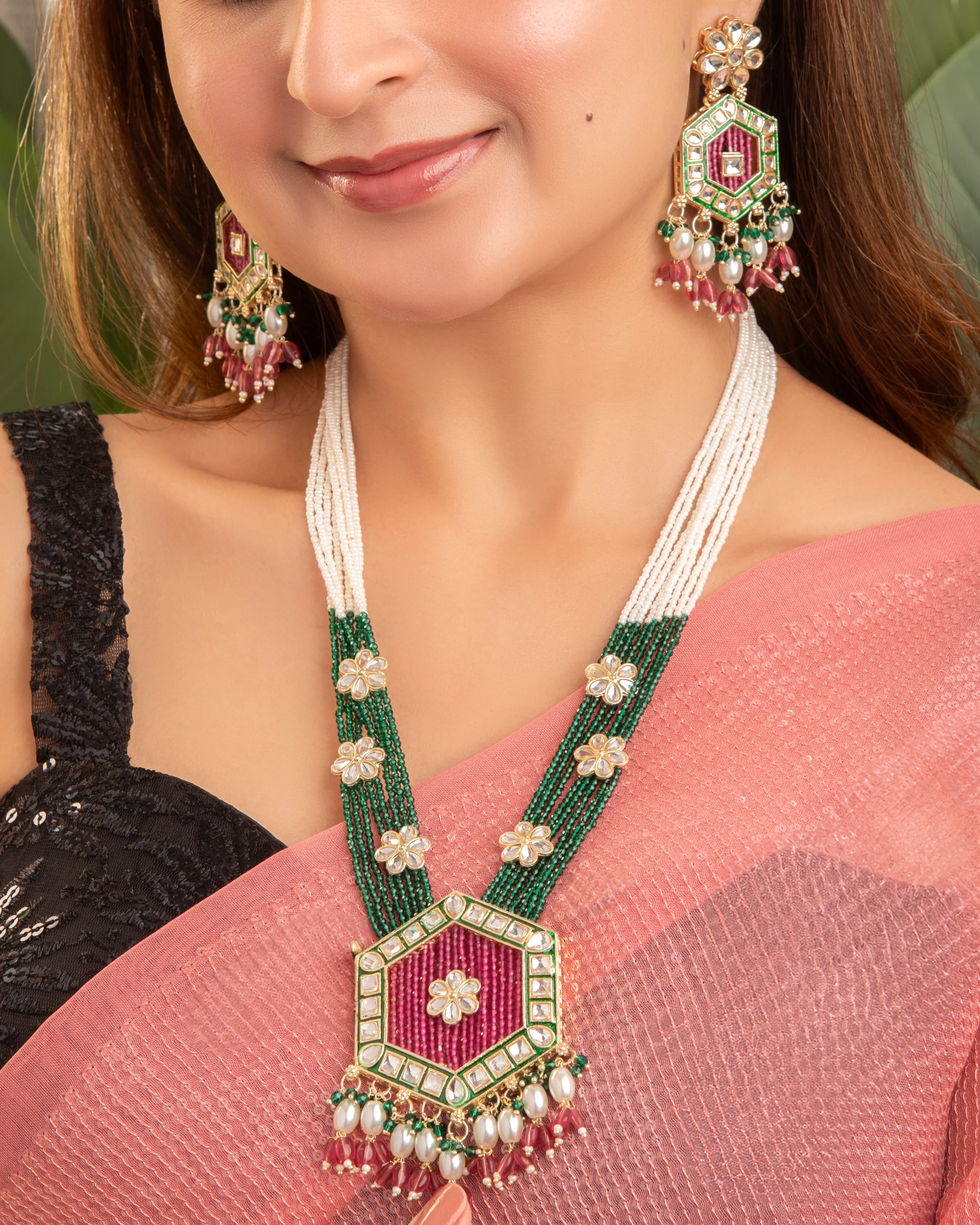 Pink Green Neelika Long Necklace Set with Earring - Image 6