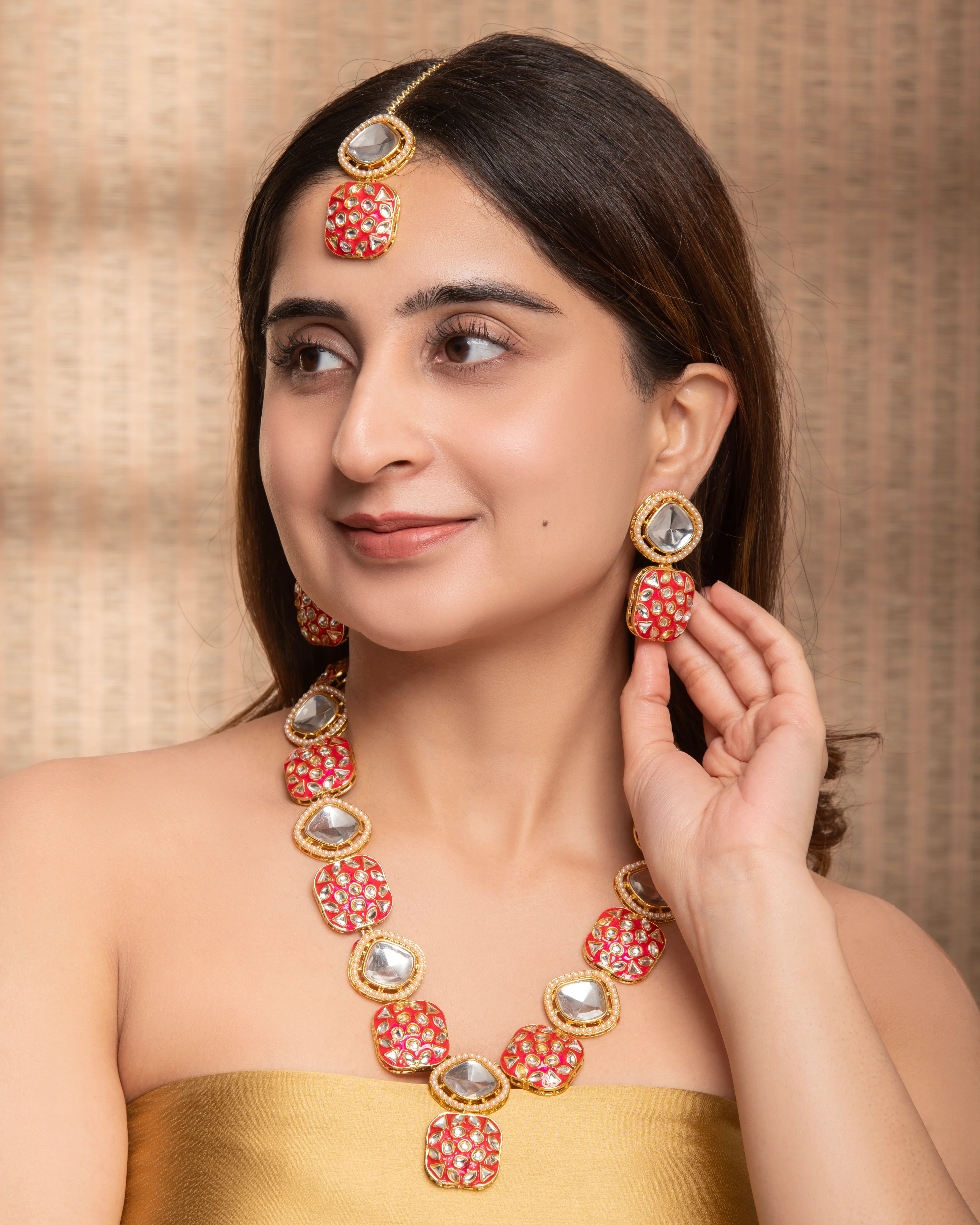 Pink Harleen Meenakari Long Necklace Set with Teeka and Earring - Image 3