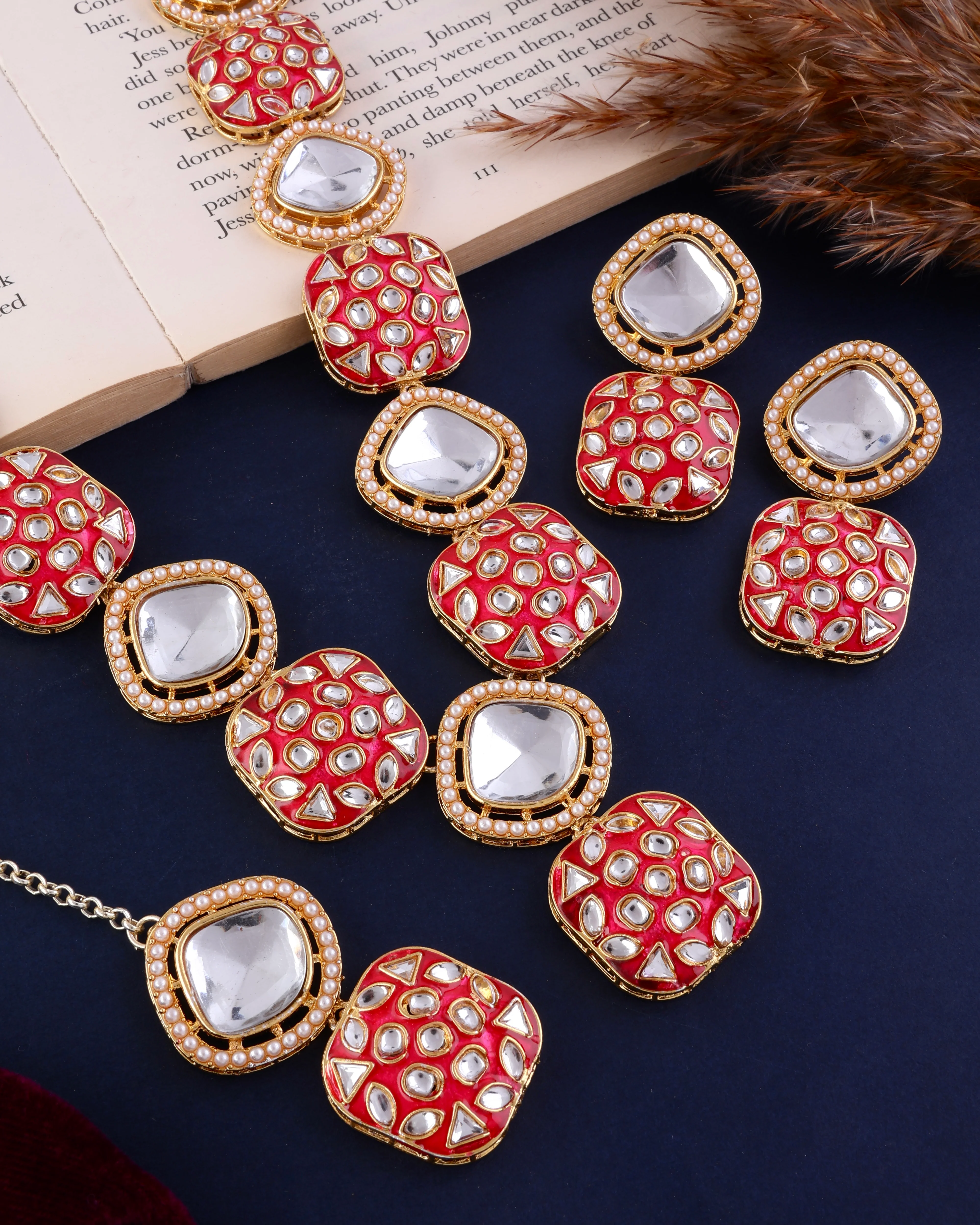 Pink Harleen Meenakari Long Necklace Set with Teeka and Earring - Image 4