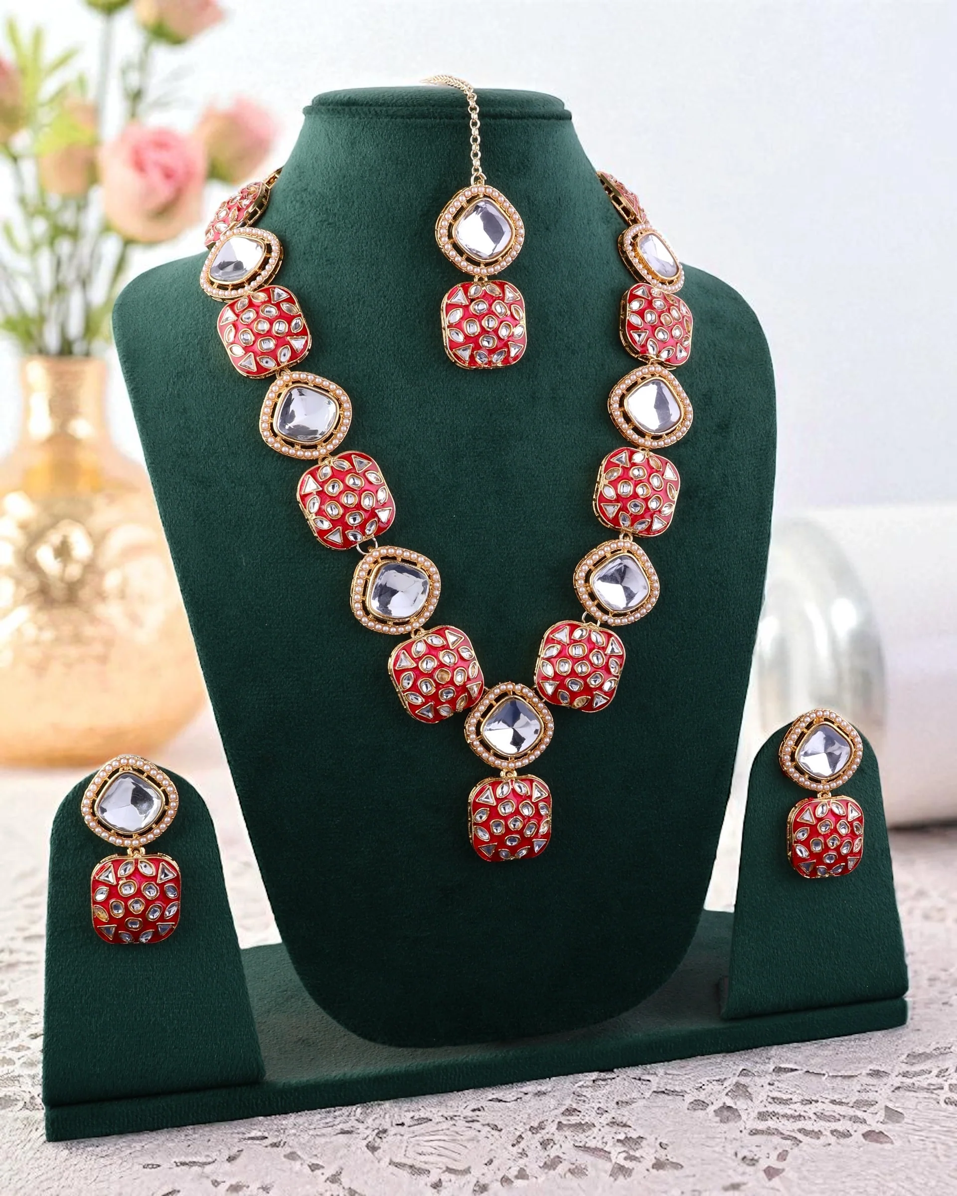 Pink Harleen Meenakari Long Necklace Set with Teeka and Earring - Image 7