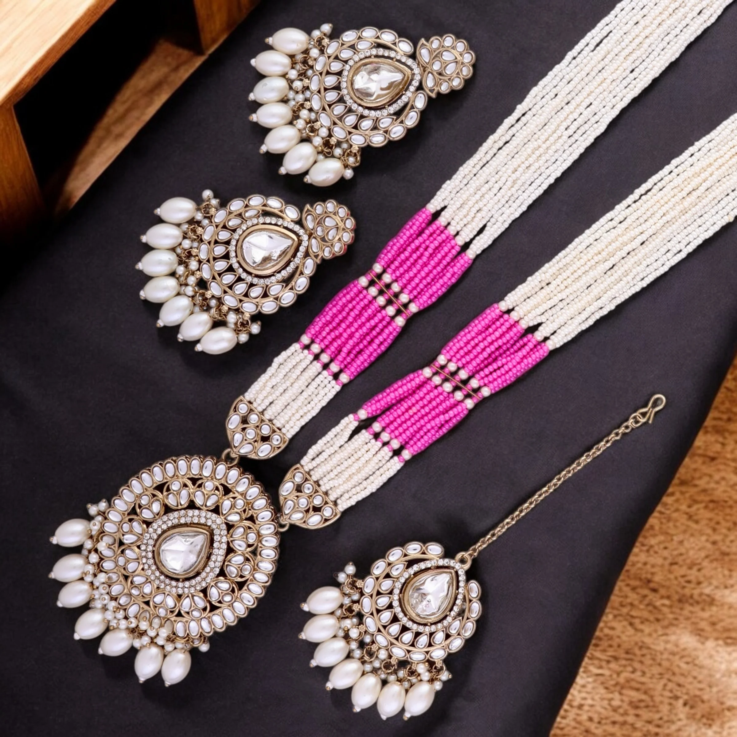 Pink Harnoor Premium Long Necklace with Earring and Mangteeka - Image 3