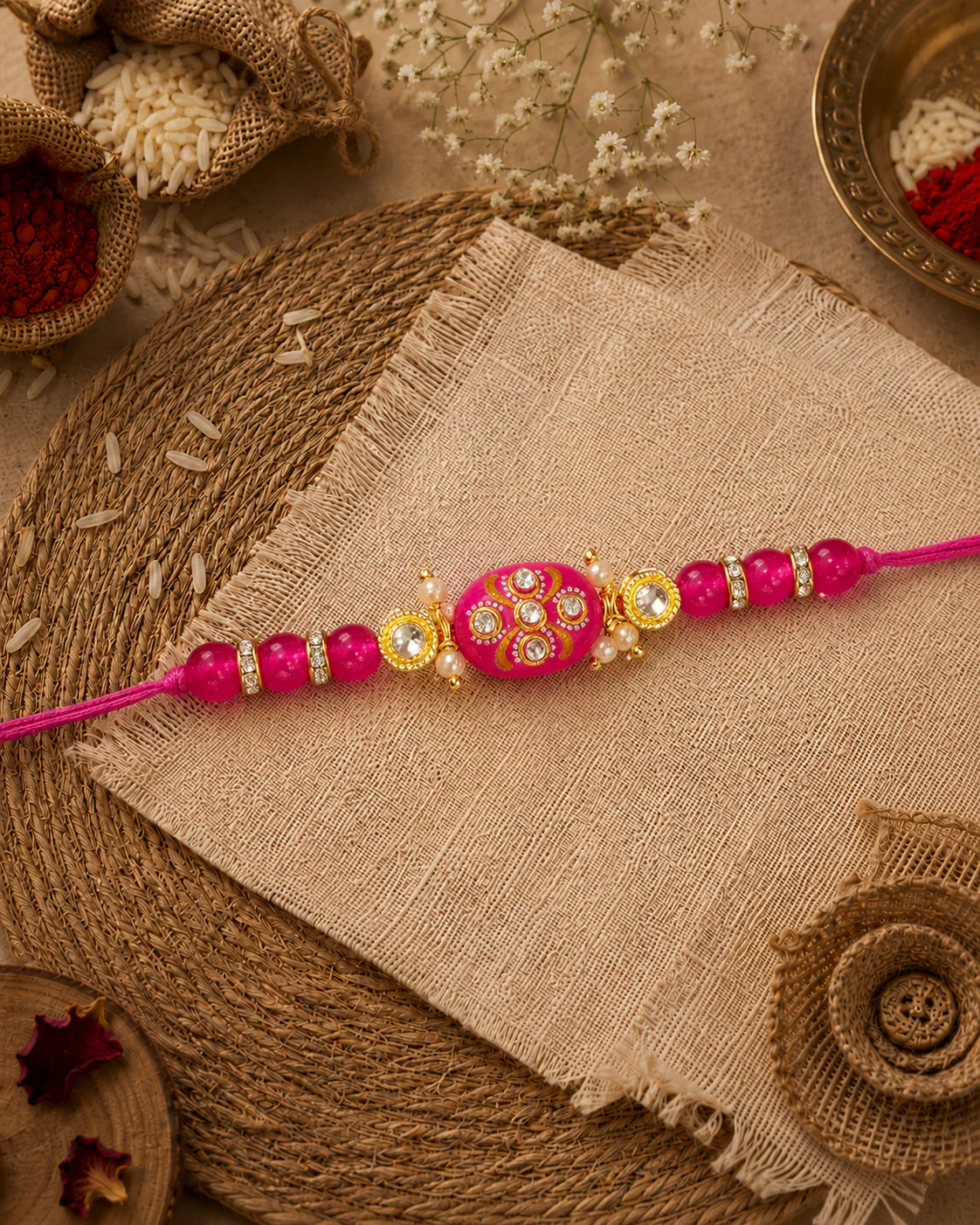 Pink Jadau Beaded Kundan Rakhi for Brother | Tilak Set Included - Image 2