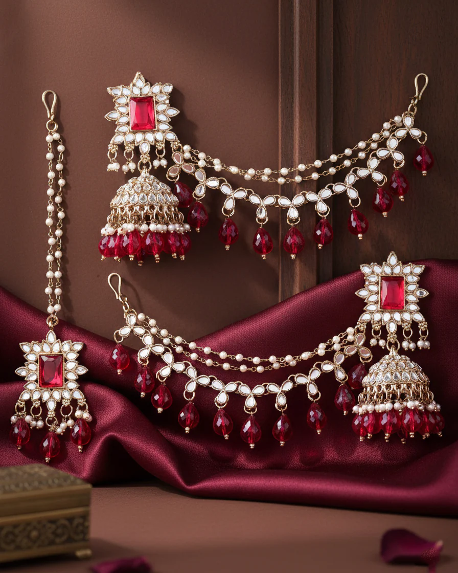 Pink Kaur Mirror Bahubali Jhumka with Statement Kaan Chain and Teeka - Image 4