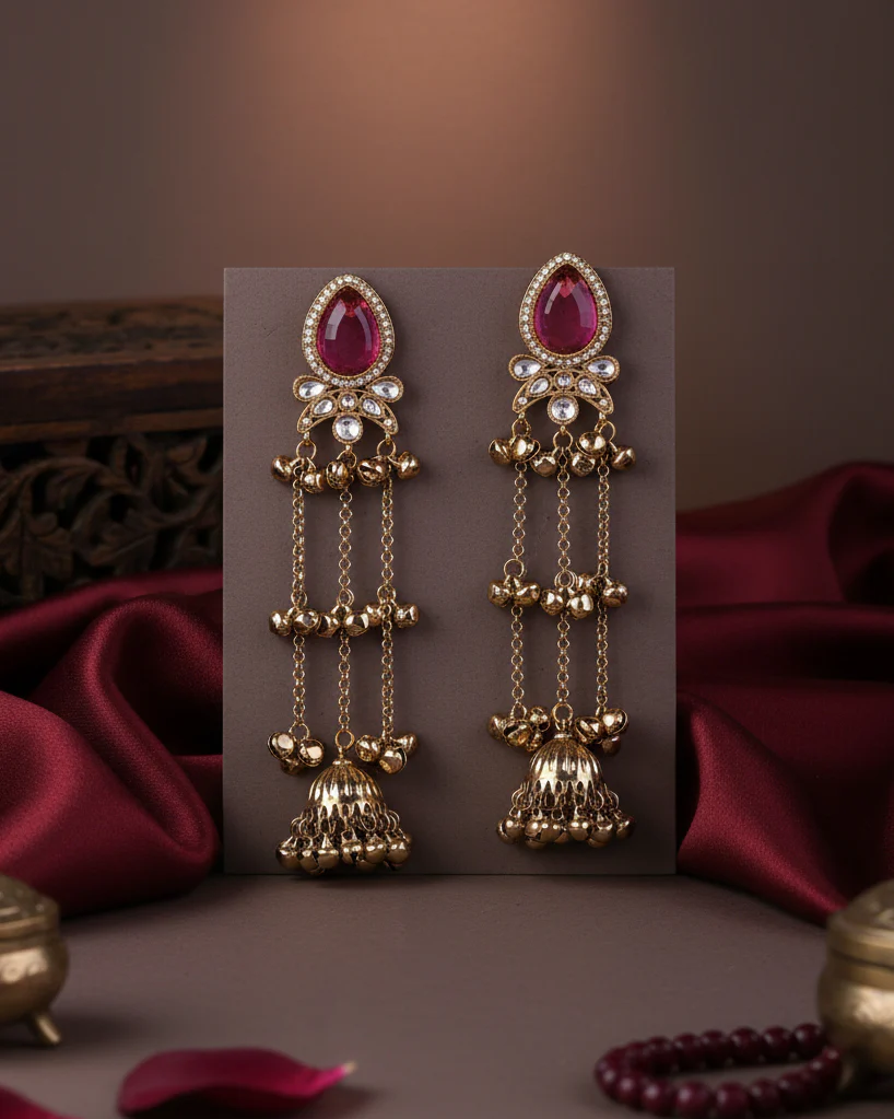 Pink Nidhi Kashmiri Look Ghunghru Jhumka Earring - Image 3
