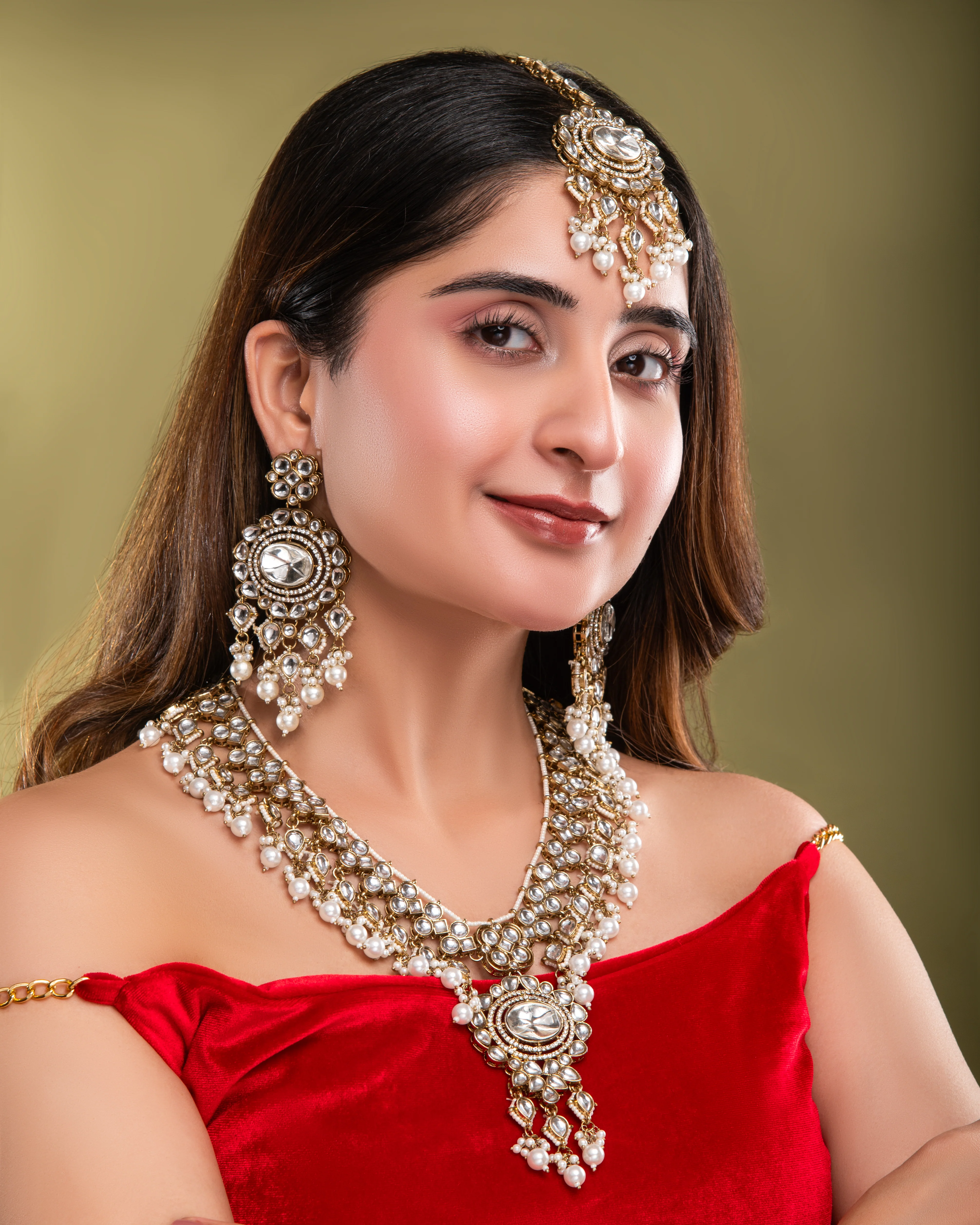 Prayshi Premium Kundan Pearl Long Necklace With Earring and Teeka