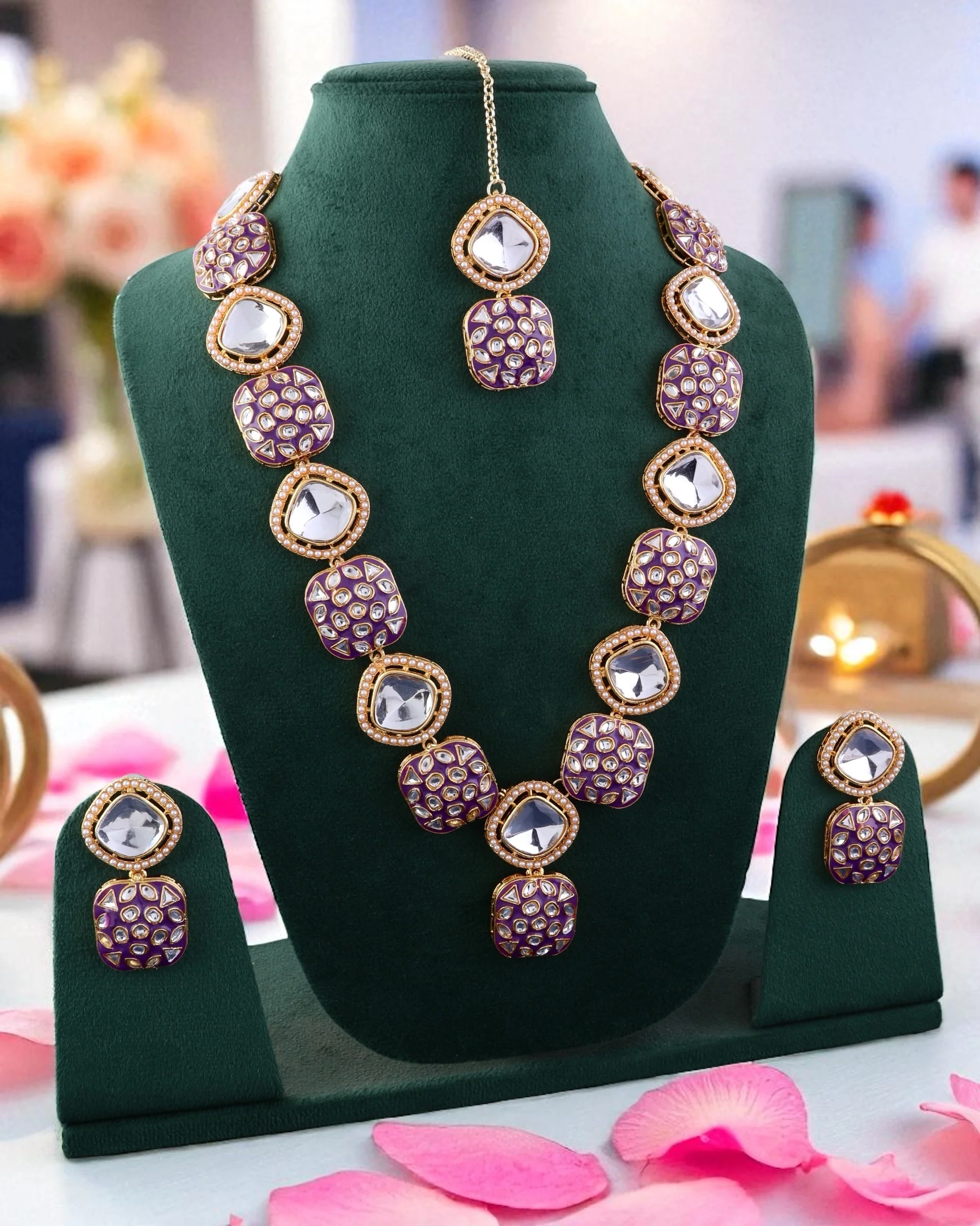 Purple Harleen Meenakari Long Necklace Set with Teeka and Earring - Image 4